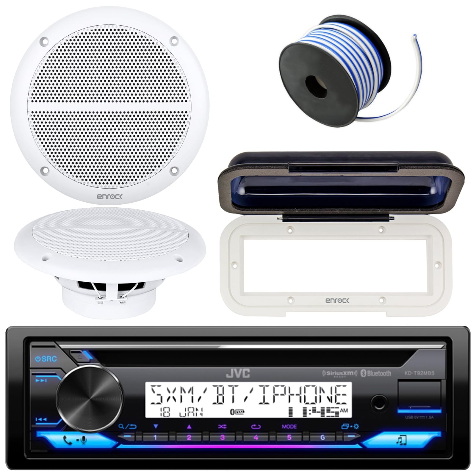 JVC KD-R97MBS In-Dash Marine Boat Bluetooth Radio USB CD Receiver Bundle + Cover With Pair Enroc..