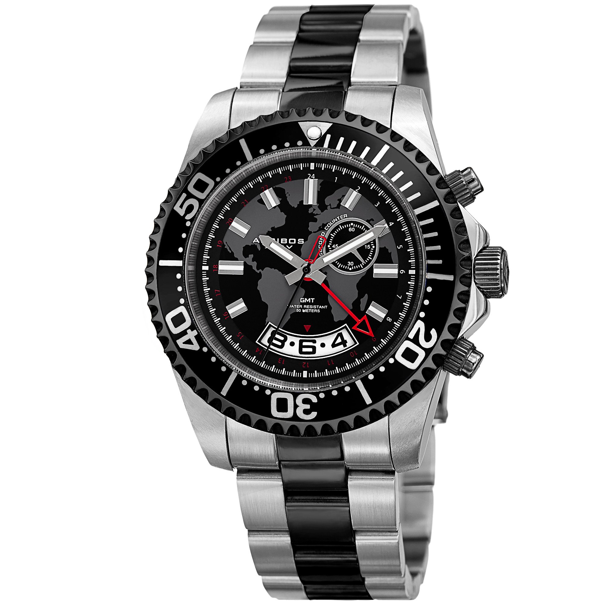  Akribos XXIV 腕時計 Men's Multi-Function Silver-Tone Stainless Steel Case with Black/Gray Globe Design Dial and Black Bezel on Two-Tone Stainless Steel Bracelet Watch スイス製クォーツ AK955TTB メンズ 