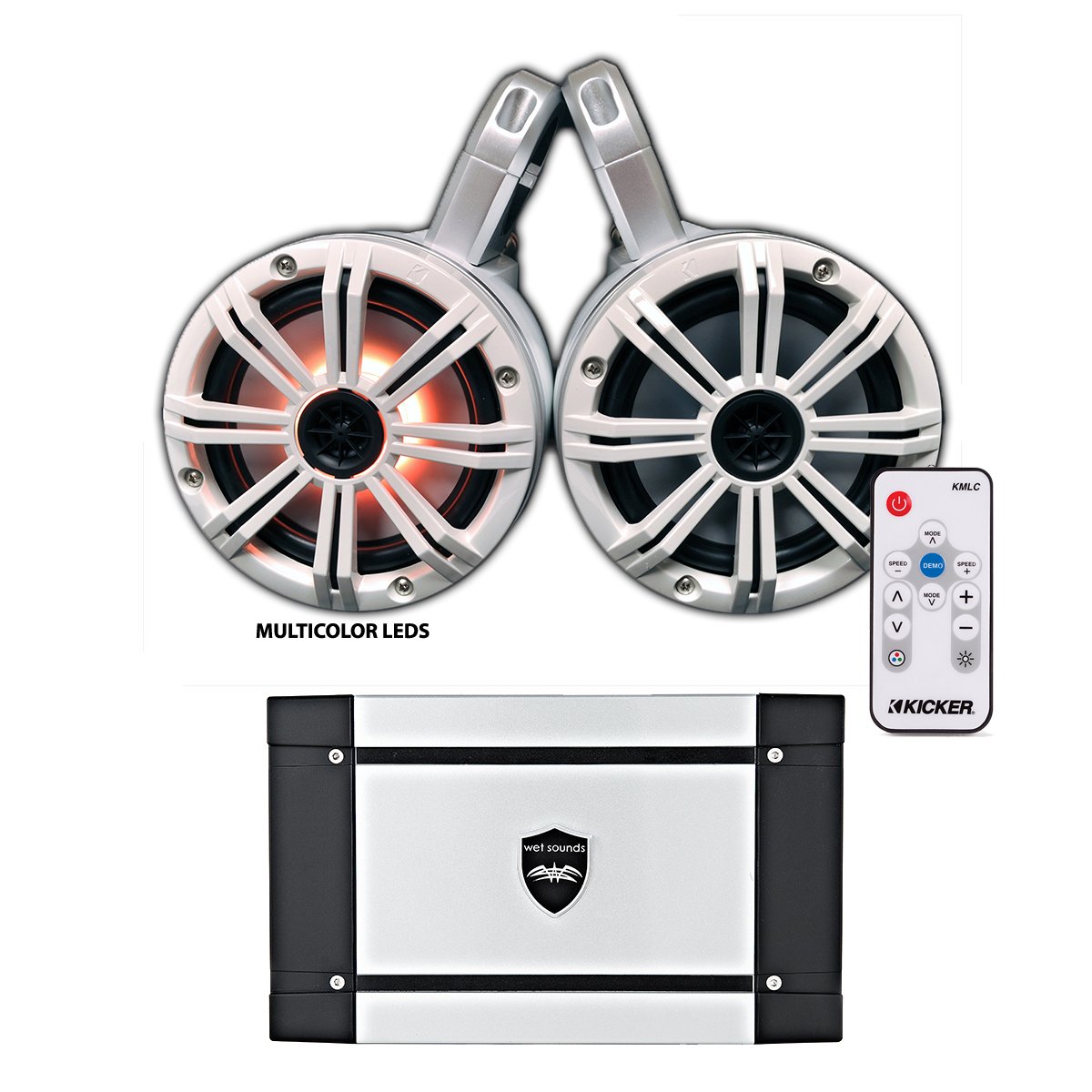 KICKER マリンウェイクタワーシステム ホワイト6.5LEDスピーカー付き LEDリモートとウェットサウンド HT-4 400ワット マリンアンプ