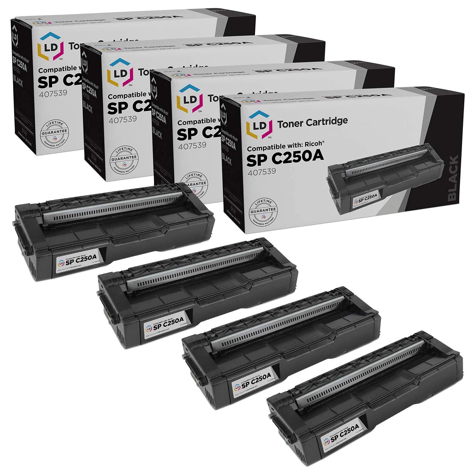 LD互換Ricoh 407539のセット4ブラックトナーカートリッジSP c250dnのSP c250sf