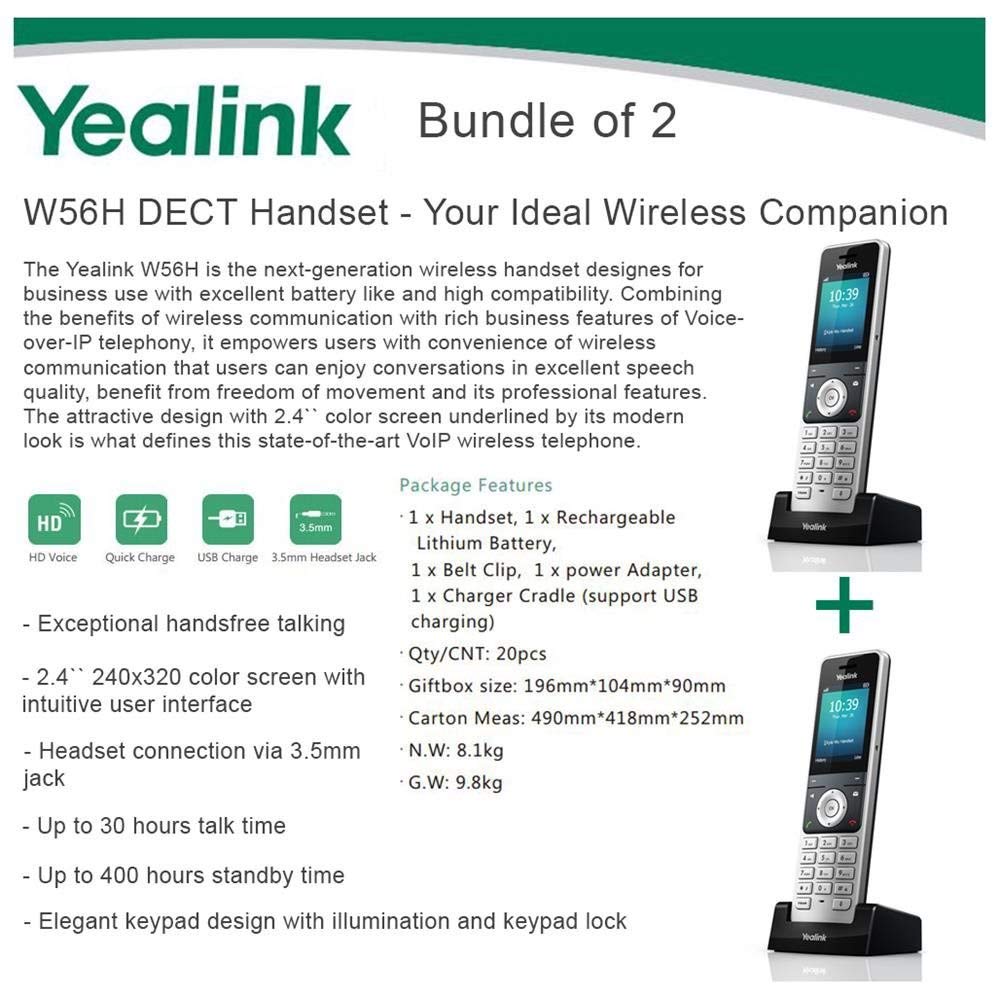Yealink W56H Bundle of 2 IP DECT VoIP Phone Handset HD Voice Quick Charge