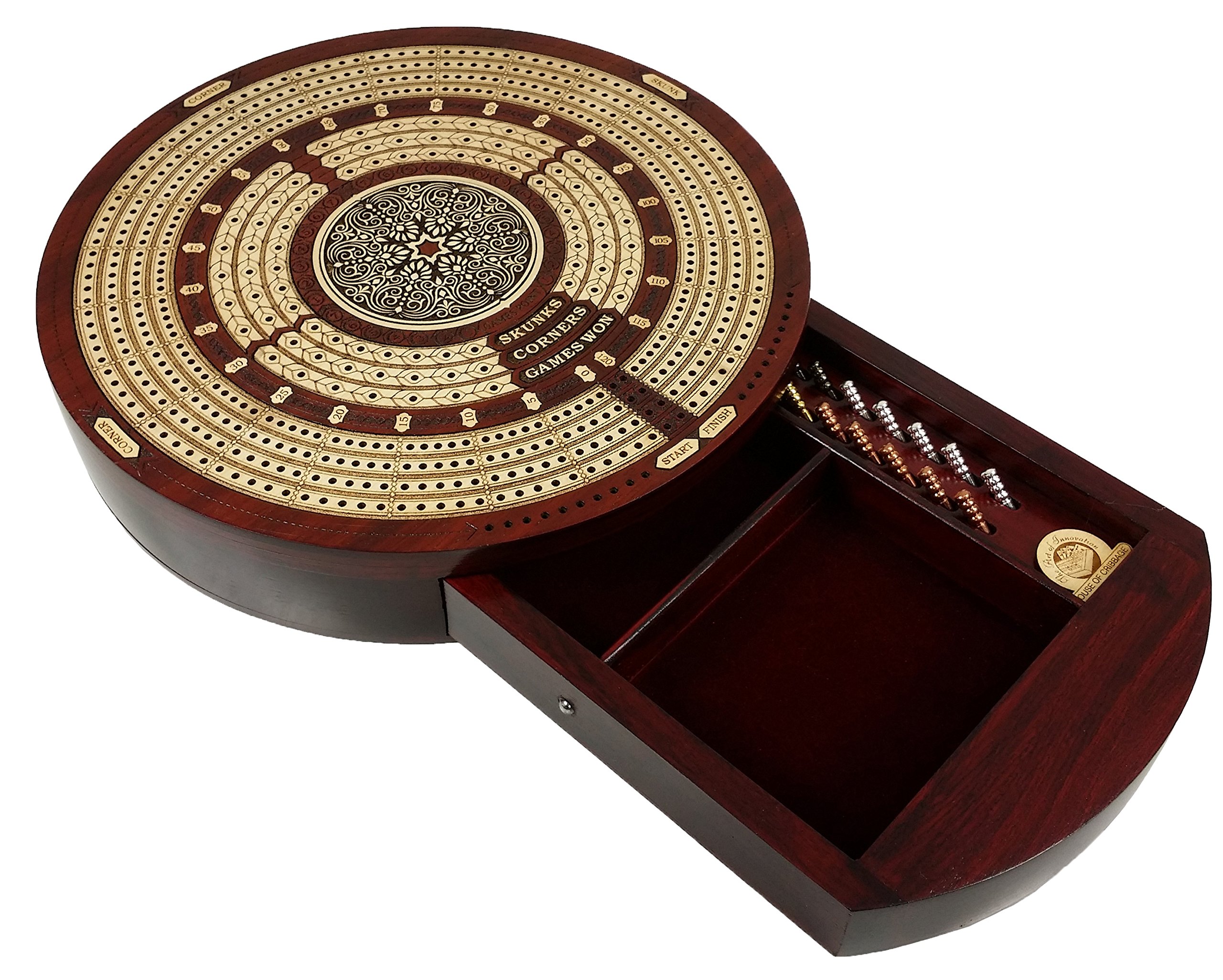 Round 4 Track Continuious Cribbage Board W/ Card Storage Drawer Maple Tracks on Bloodwood - Corners Skunks & Games Won