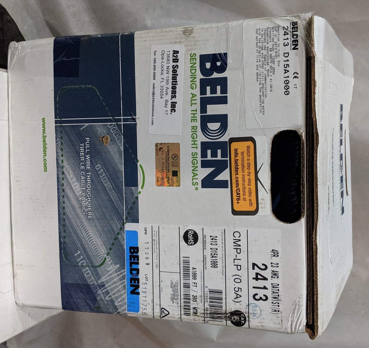 Belden 2413 D15A1000 4-Pair Enhanced Category 6 Plenum Cable 1 000 ft. Box Blue Jacket
