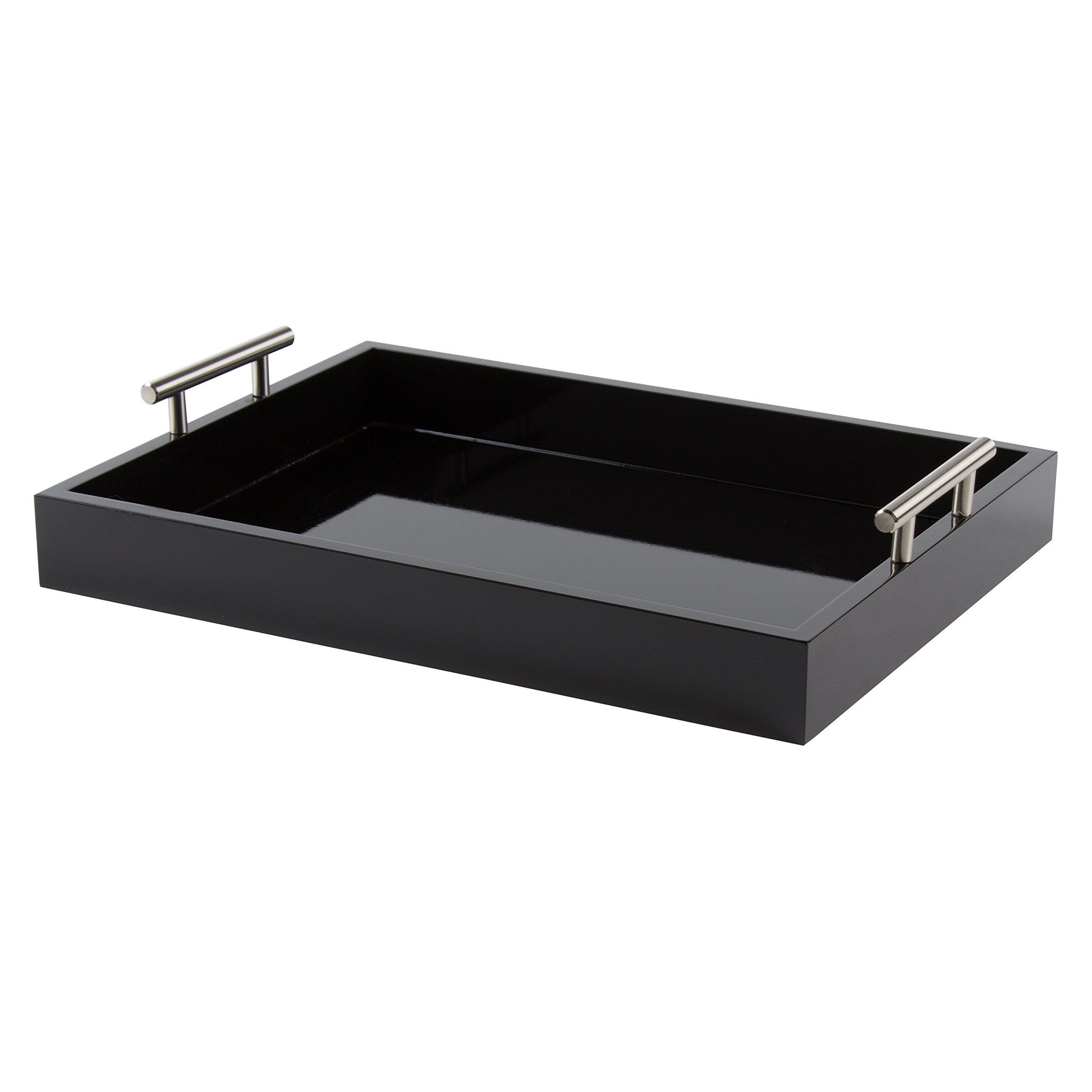 (Black) - Kate and Laurel Lipton Decorative Tray with Polished Metal Handles Black and Silver