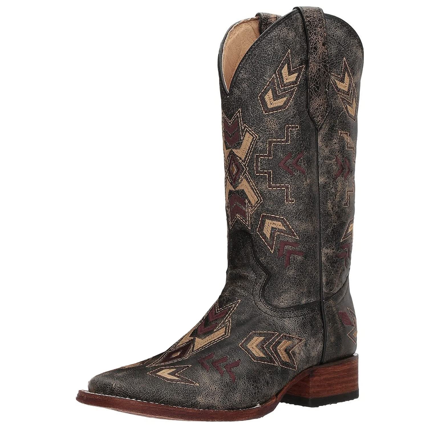 Corral Boots 女性用 L5253 ウエスタンレザー アローヘッド 刺繍 カジュアル カウガール ブーツ| スクエアトゥ、1 1/4インチヒール ブラック 25.0 cm