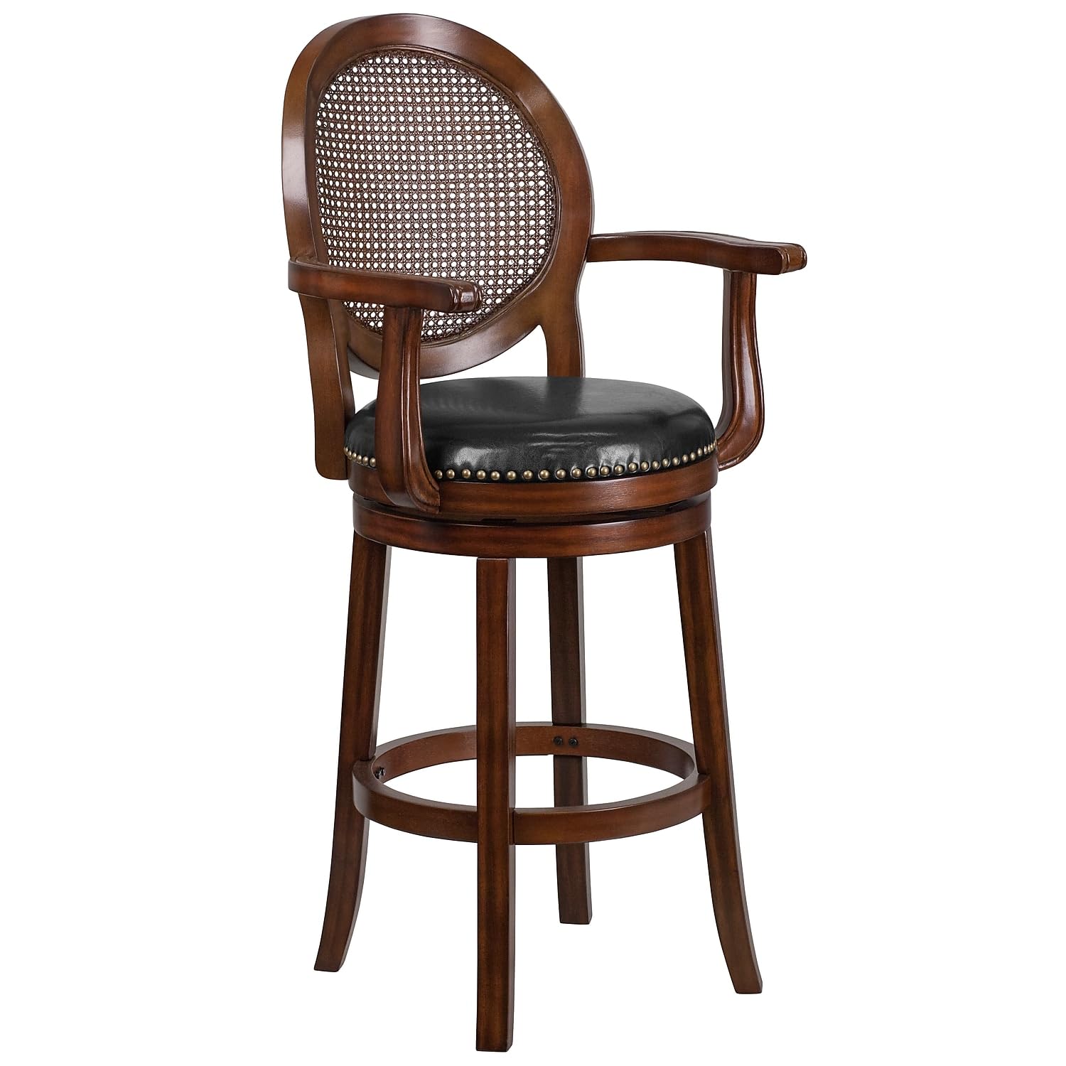 Flash Furniture Victor 30インチ ハイエスプレッソウッドバースツール アーム付き 編みラタンバック ブラックレザーソフト回転シート