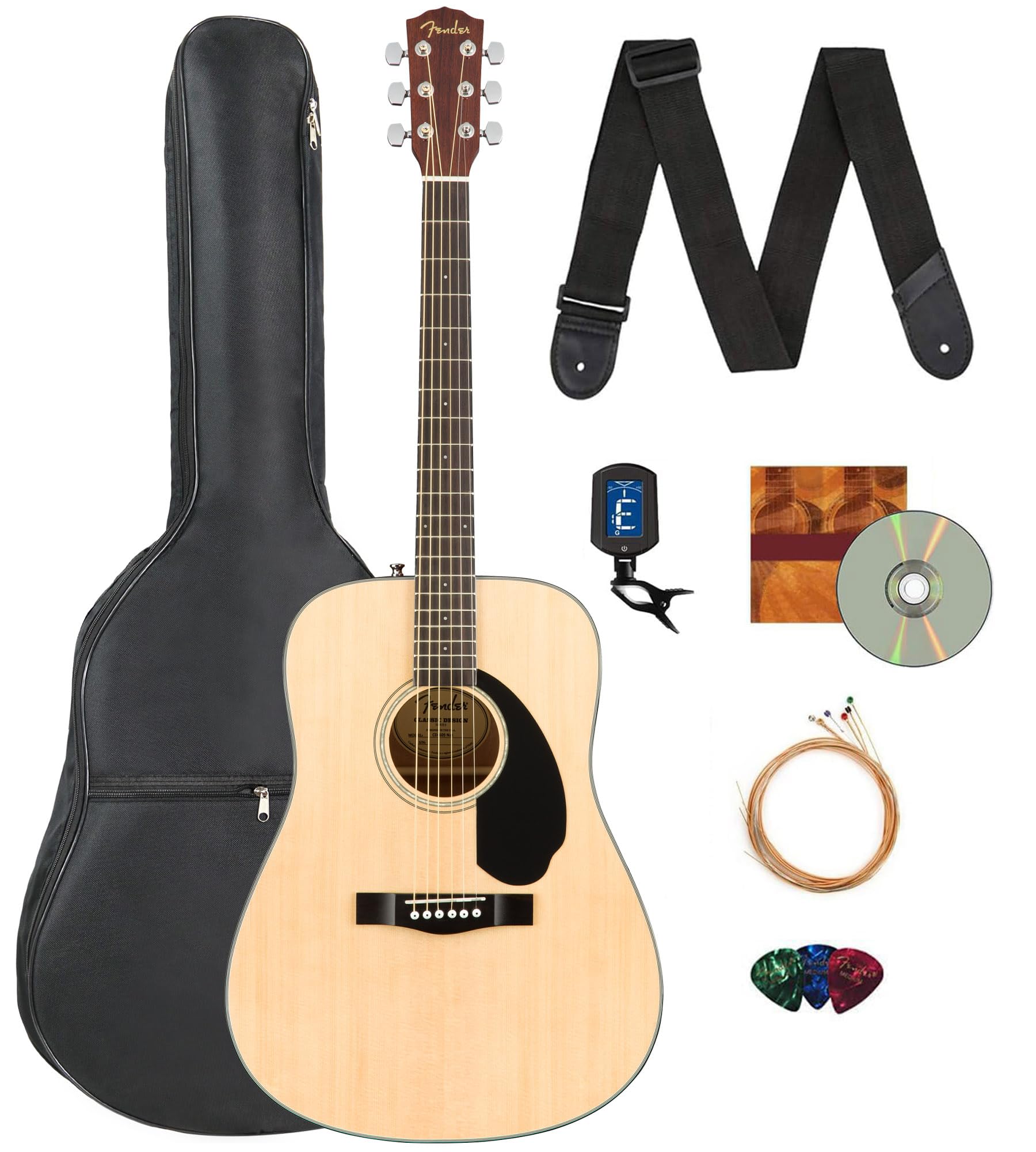 Fender CD-60S Solid Top Dreadnought Acoustic Guitar - Natural Bundle with Gig Bag Tuner Strap Strings Picks Austin Bazaar Instructional DVD and Polishing Cloth