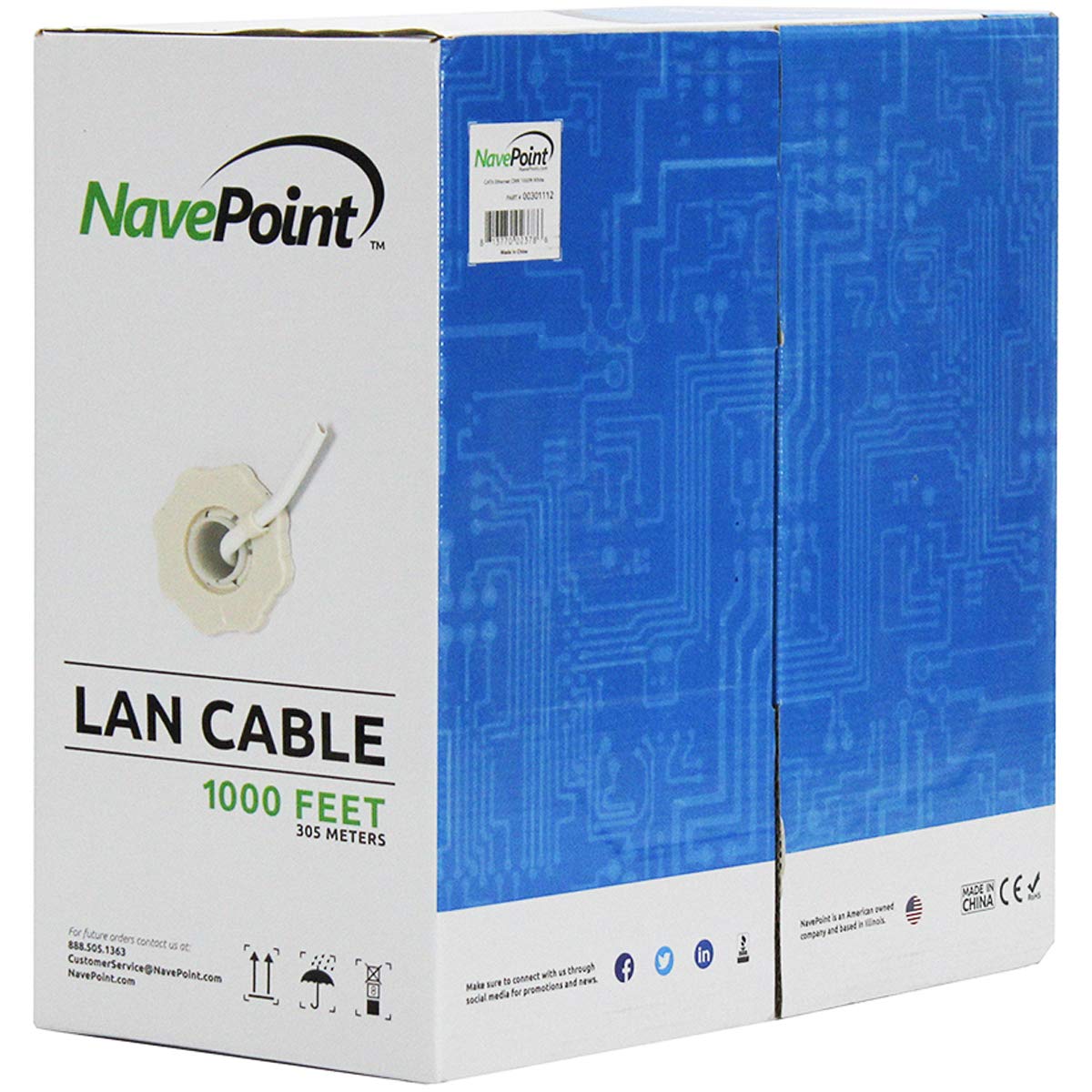 NavePoint Cat6ライザー(CMR) 1000フィート ホワイト ソリッドベア銅バルクイーサネットケーブル 550MHz 23AWG 4ペア シールドなしツイストペア (UTP)