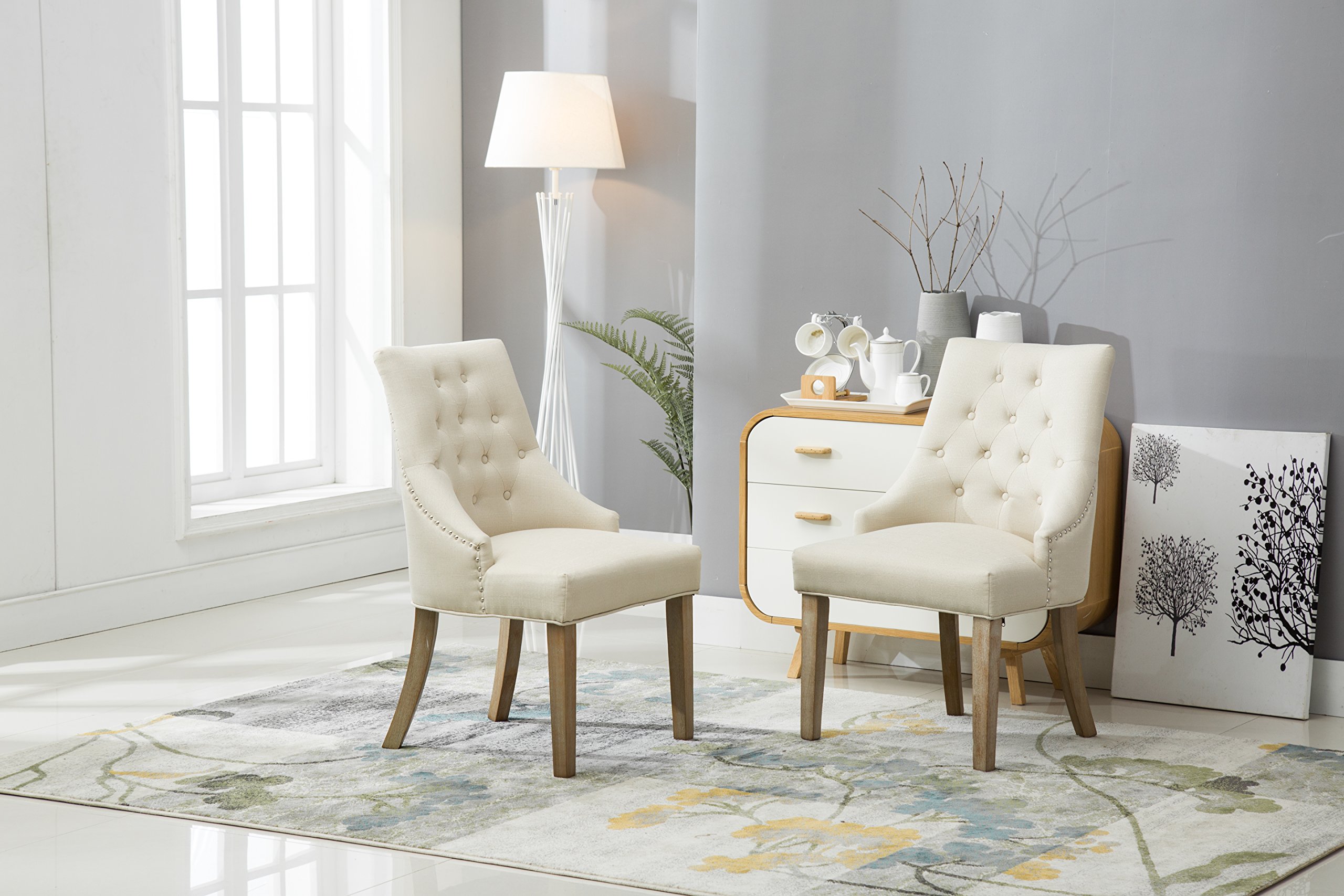 Roundhill Furniture ボタン タフト 無垢材 ウィングバック ホステスチェア 釘付き 2個セット タン ホワイト タン、24D x 22W x 39H インチ