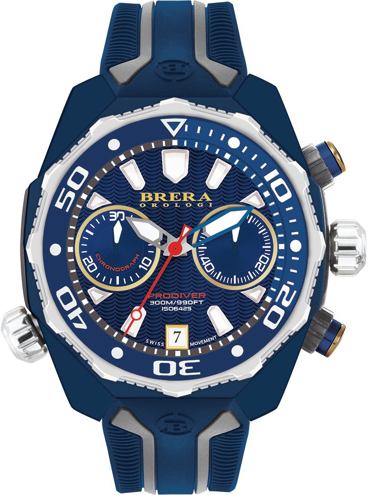 Brera Orologi Men 's Prodiverブルー、S/S、ベゼルブルーダイヤル、ブルー&グレーストラップ47 mm