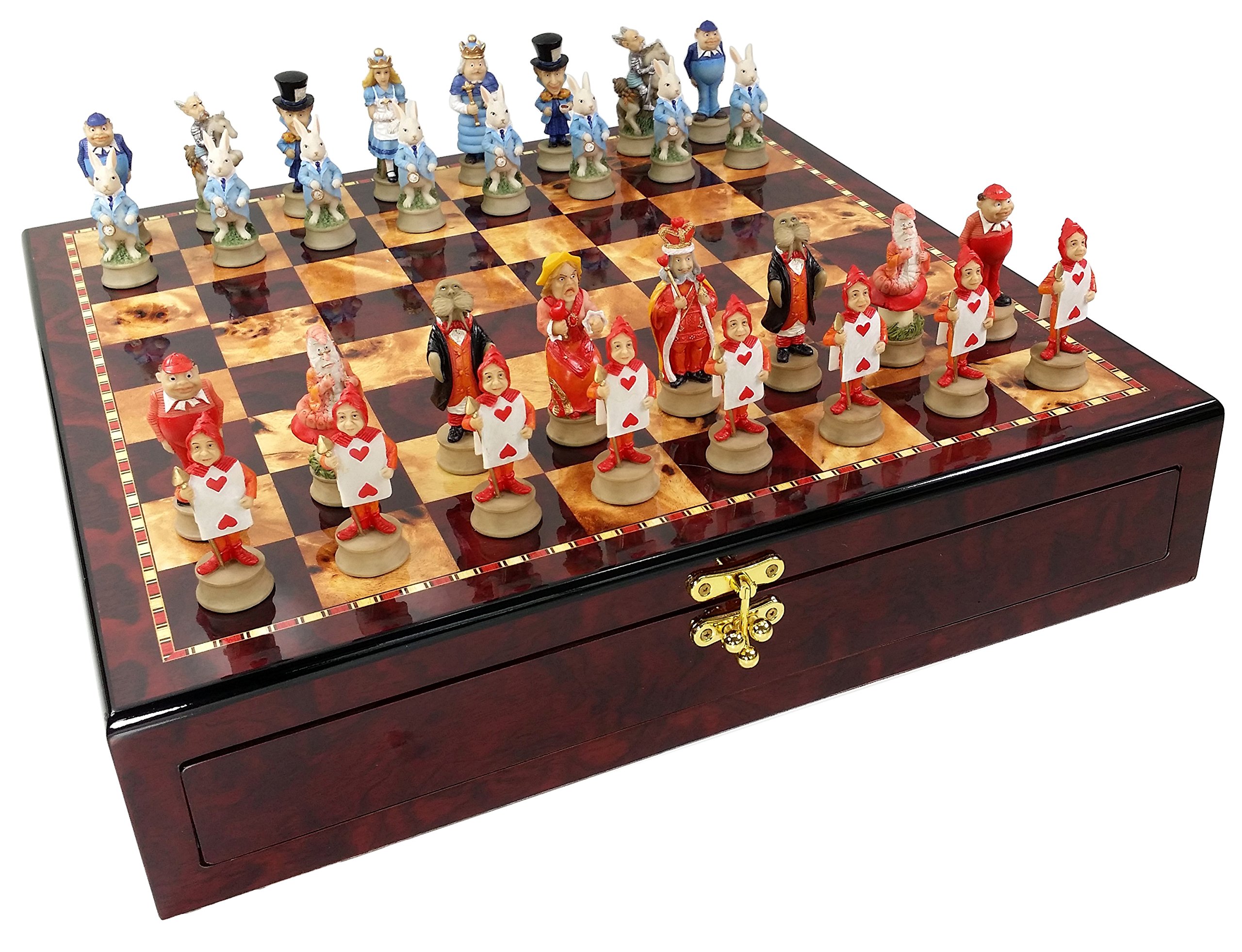 Alice in Wonderland Fantasy Chess Men Set W/ High Gloss Cherry and Burlwood Color Storage Board