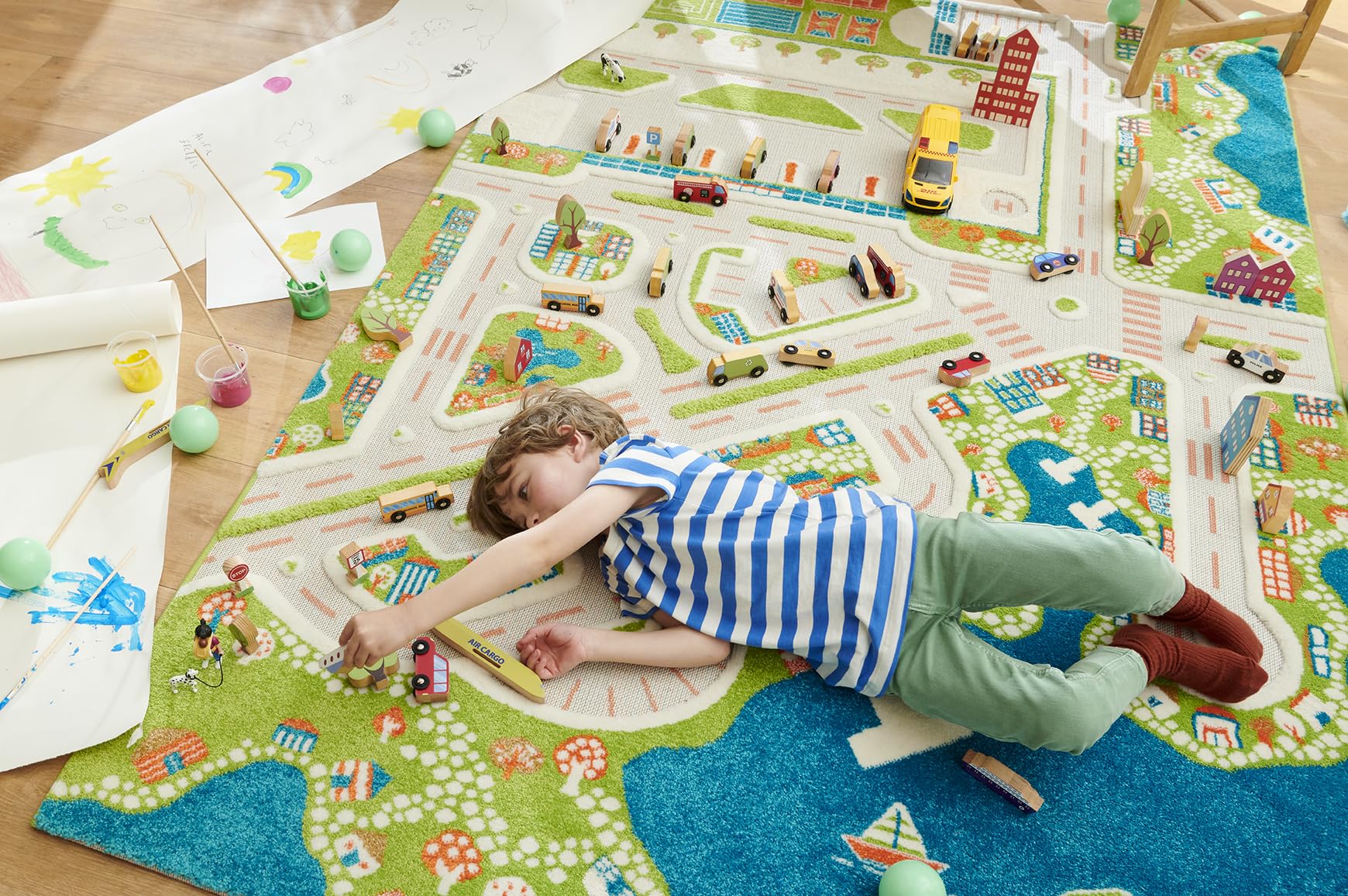 IVI ミニシティ 厚手 3D 子供用プレイマット ラグ 長さ71インチ x 幅53インチ 非毒性 防汚 教育用 モン..