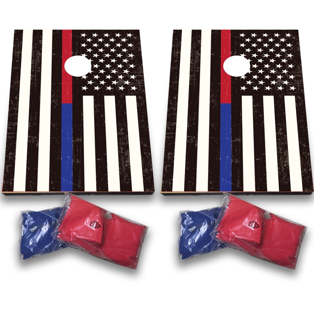 シンブルーラインand Thin Red Line American Flag Bag Tossでサポートの最初Responders Police、Firefighters、EMS