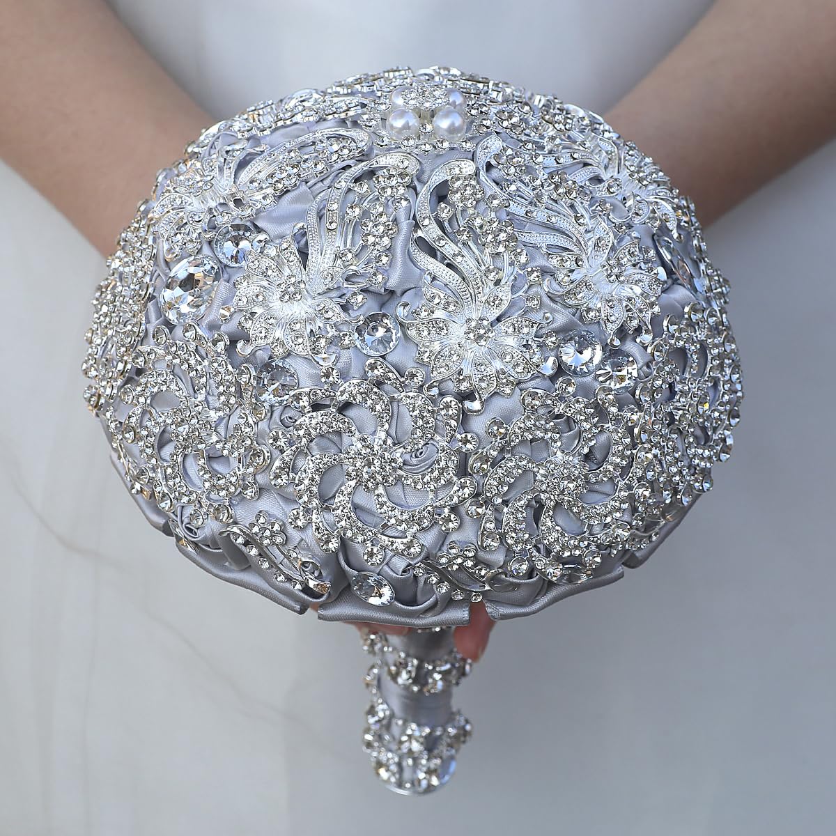 DOTKV ウェディングブーケ シルバー ラグジュアリー 人工ダイヤモンド付き ブーケ リストフラワー コサ..