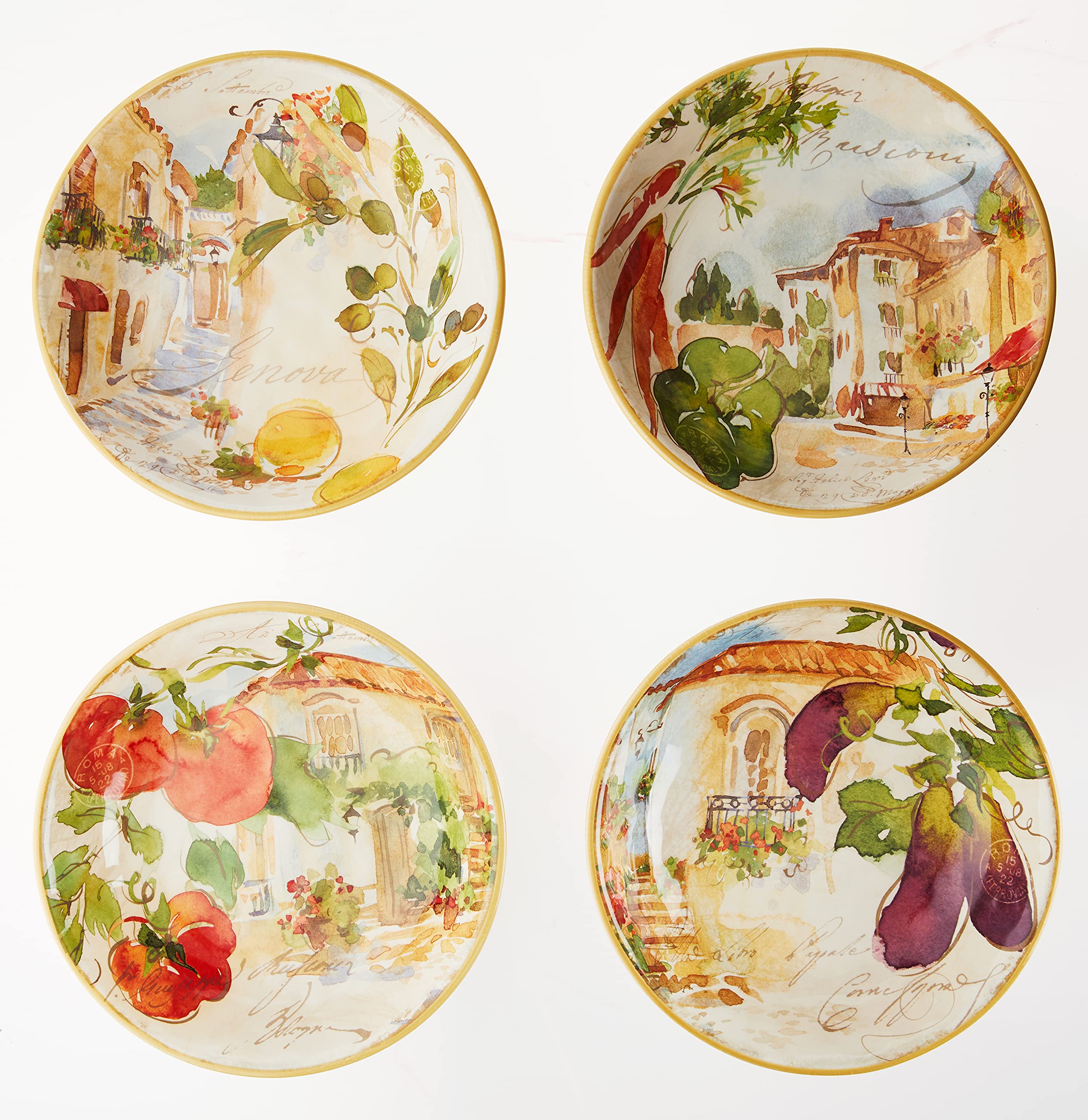 Certified International Corp Piazzette 9.25インチ スープ/パスタボウル アソートデザイン 4個セット..