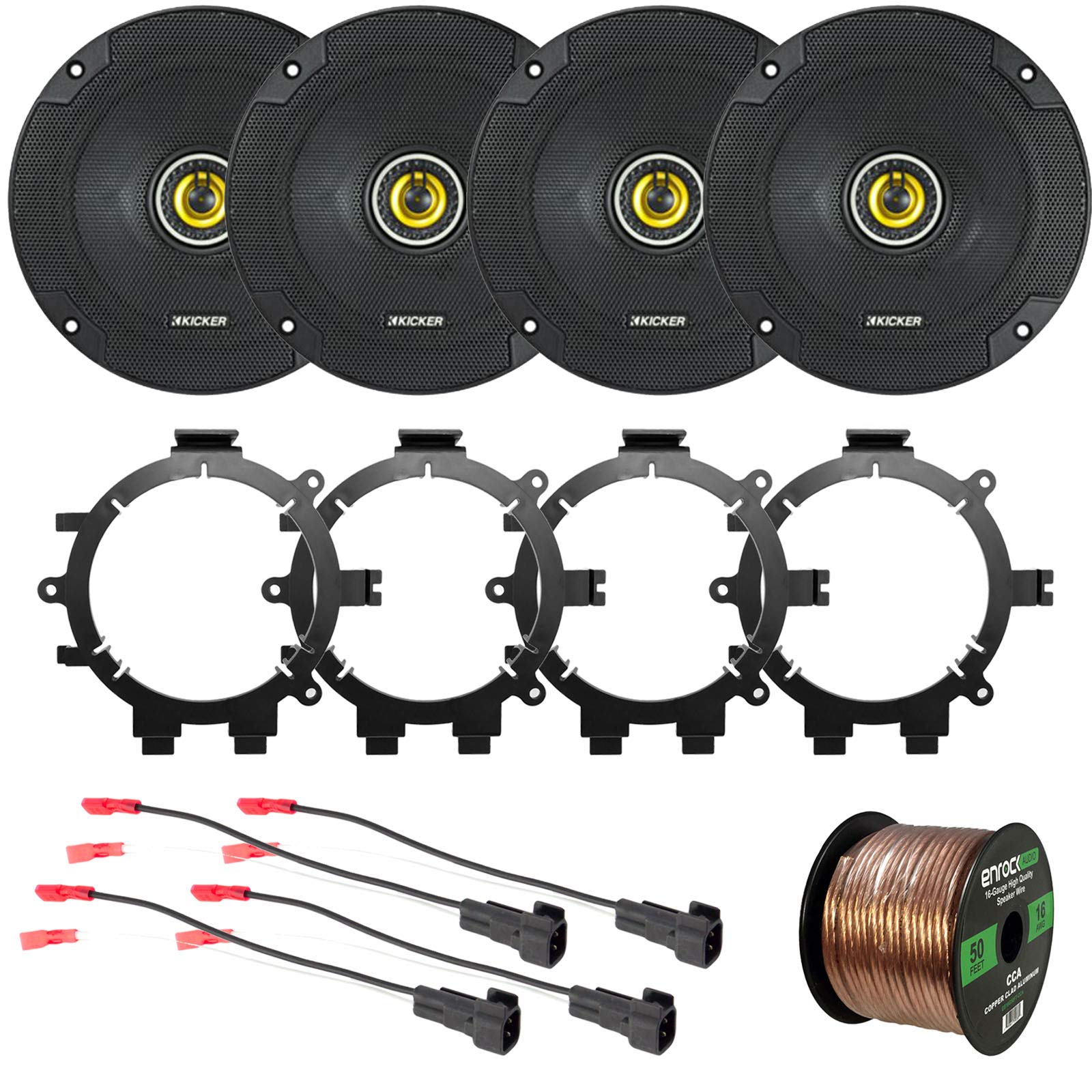 4X Kicker 600ワット 6.5インチ 2ウェイ ブラック カースピーカー Enrockスピーカー取り付けブラケット..