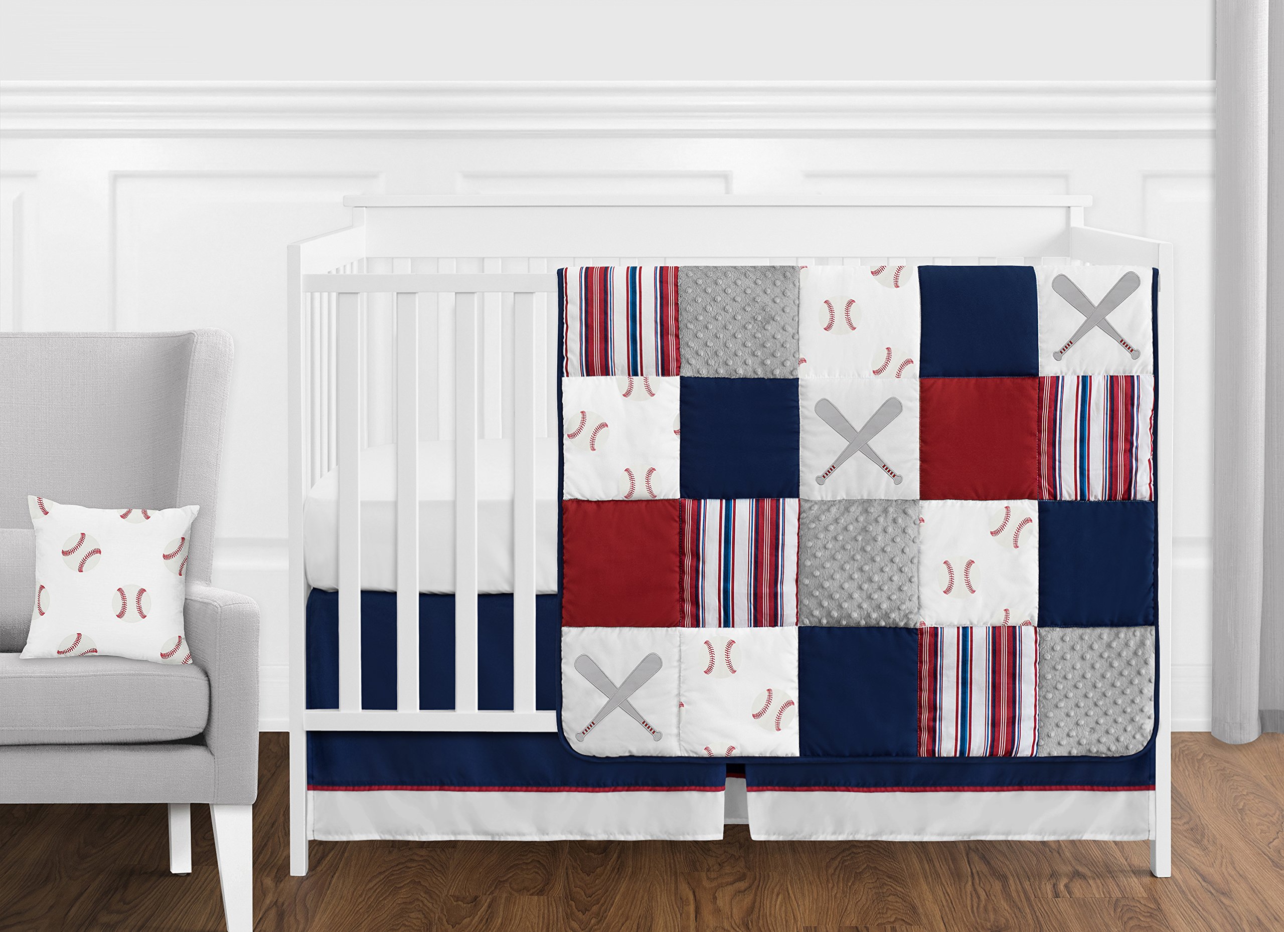 Sweet Jojo Designs Red White and Blue Baseball Patch Sports Baby Boy Crib Bedding Set - 11 Pieces - Grey Patchwork Stripe