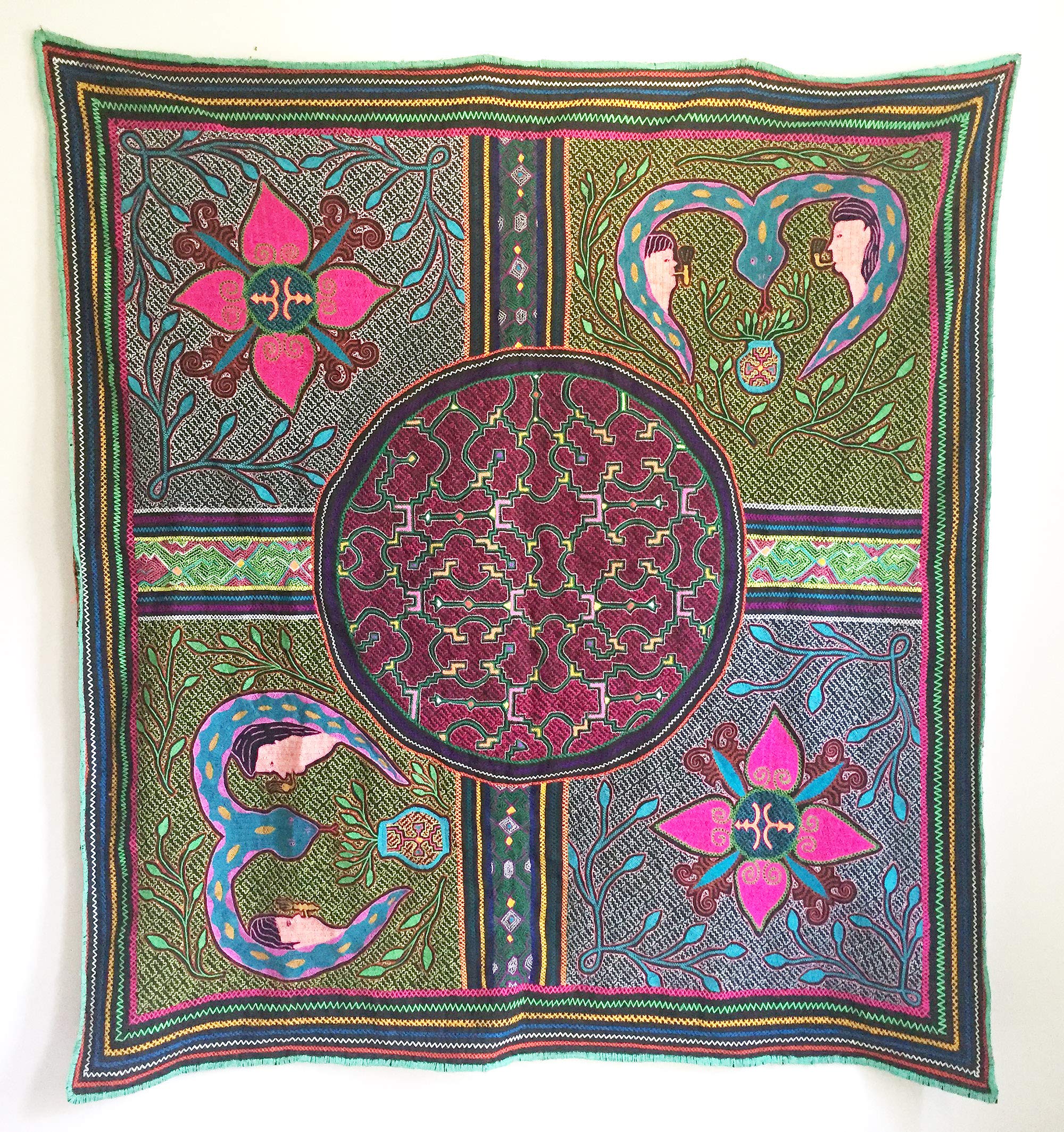 ヴィンテージ Shipibo インドアート 手刺繍 アヤワスカ テキスタイル クロス タペストリー ラグ テーブルカバー 61インチ x 57インチ