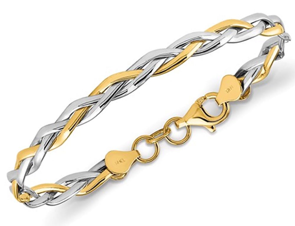 14K ホワイトとイエローゴールド ツイストバングルブレスレット