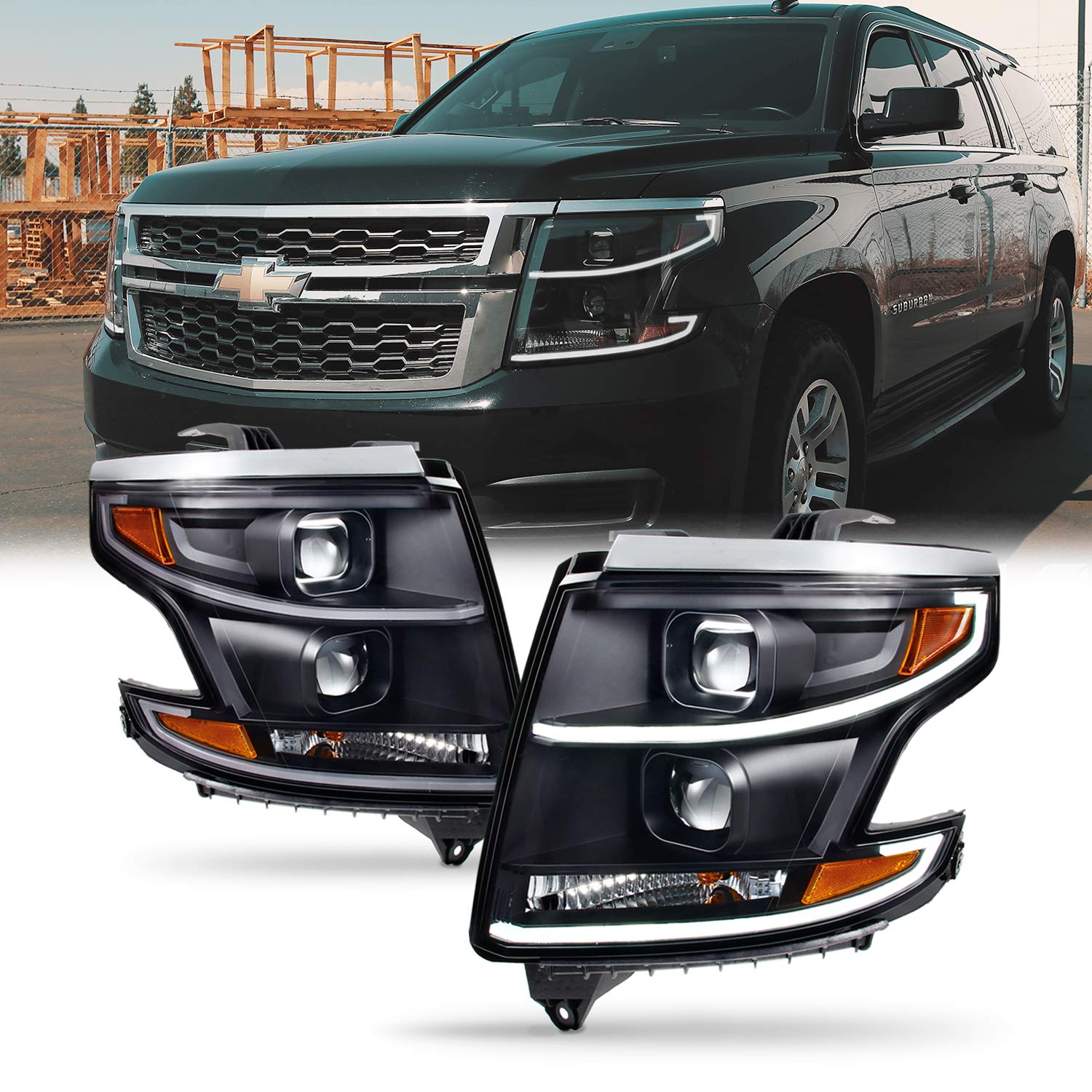 樂天商城 - [ブラック] 2015-2018 Chevy Suburban Tahoe ハロゲンタイプ モデル LED DRL プロジェクターヘッドライト