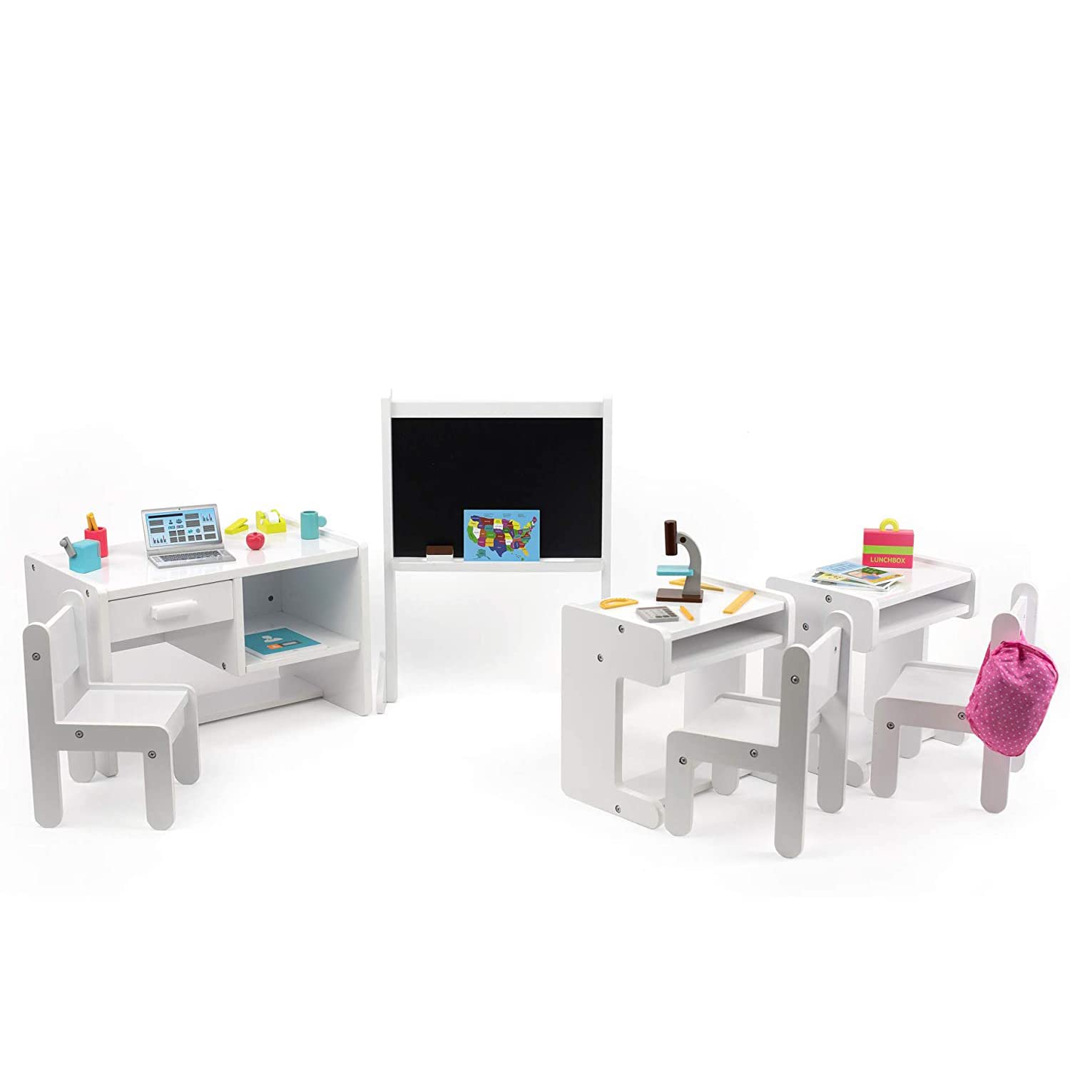 Playtime by Eimmie Teacher and Student Classroom School Desk Set - 18 Inch Doll Furniture Desk Toy - 18 Doll Classroom Desk Toy Set - Doll Classroom Set- Doll School Toy Furniture