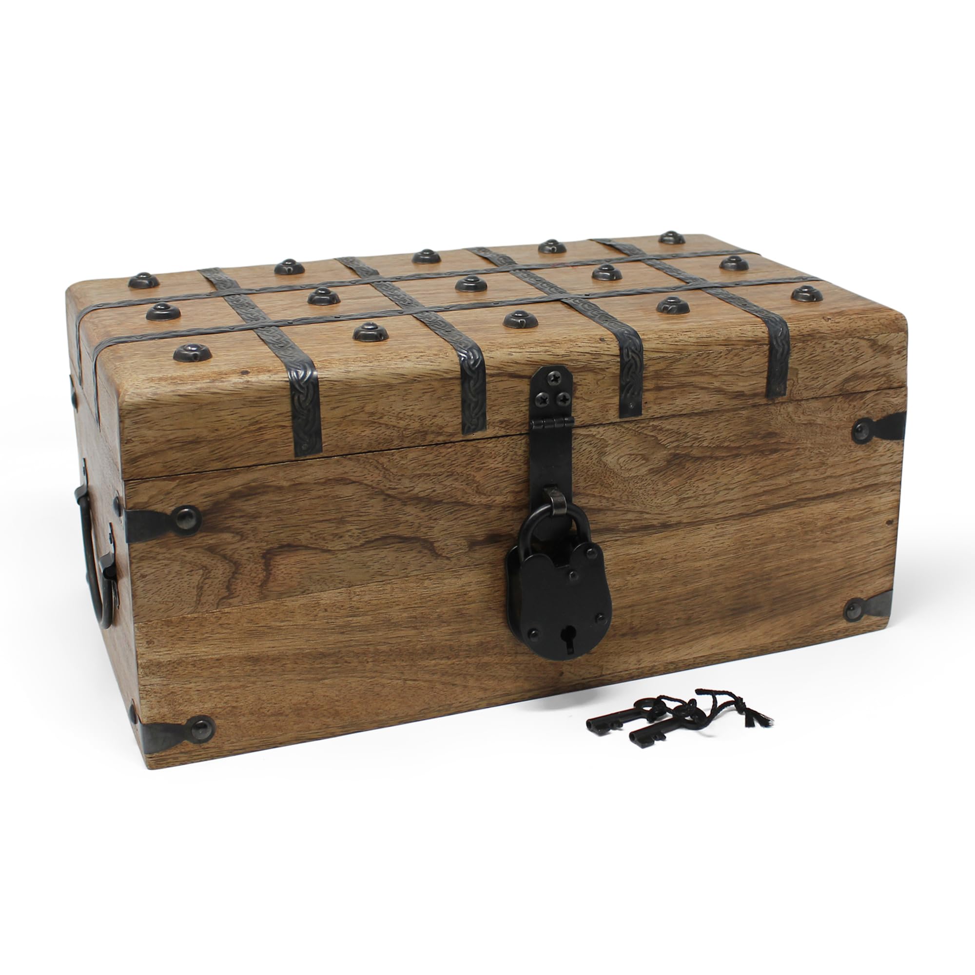 Nautical Cove トレジャーチェスト 木製ボックス アンティーク鉄錠とスケルトンキー付き - 収納と装飾 (ラージ 14 x 7.7 x 6インチ)
