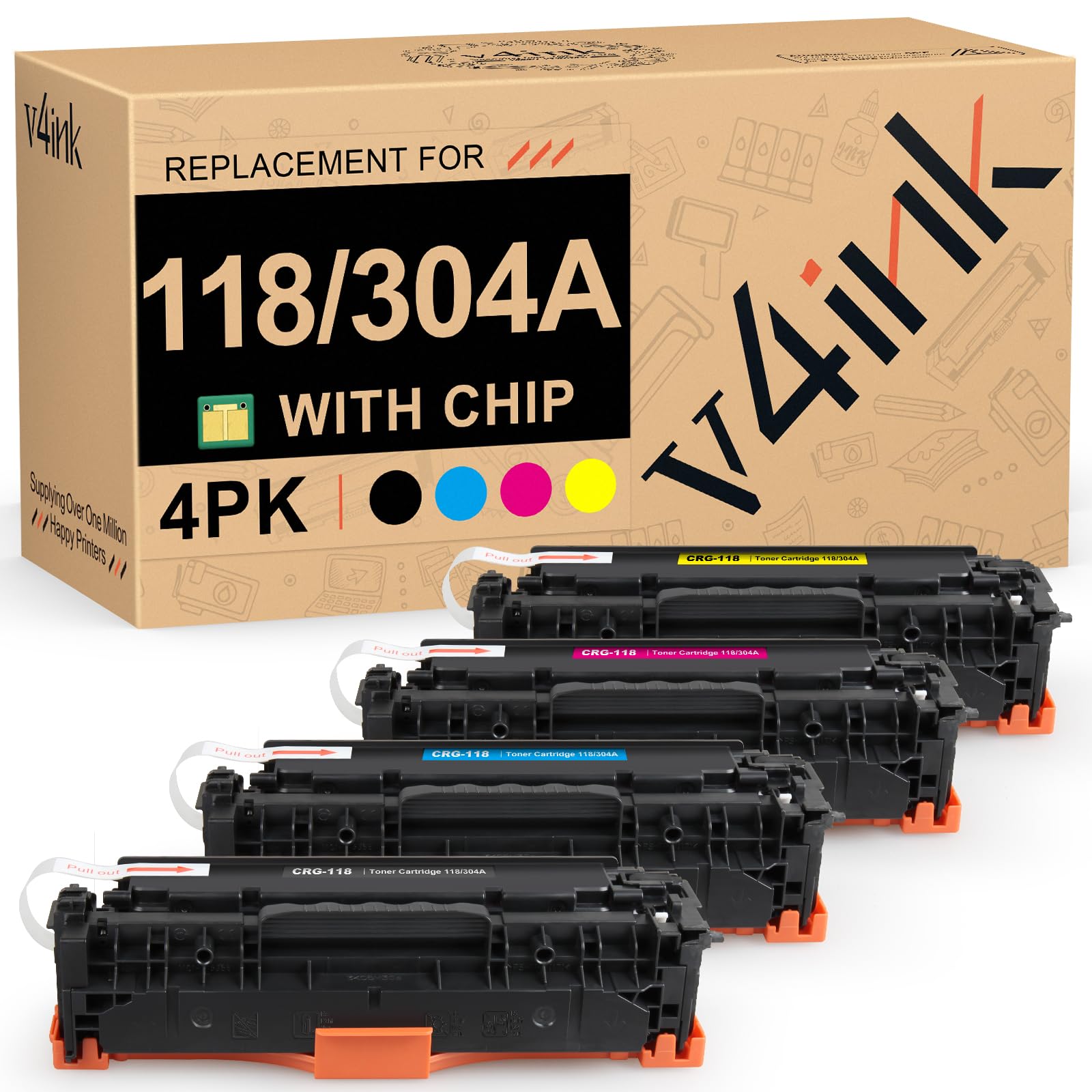 V4INK 再生トナーカートリッジ 4個パック Canon 118 CRG118 HP 304A CC530Aトナー用 Canon ImageClass MF726Cdw MF8350CDN MF8580Cdw MF8380Cdw LBP7660Cdn (ブラックシアンマゼンタイエロー 4パック)