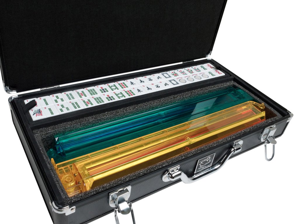 White Swan Mah Jonggセット - ホワイトタイル - モダンプッシャーアーム - アルミニウムケース - ブラック