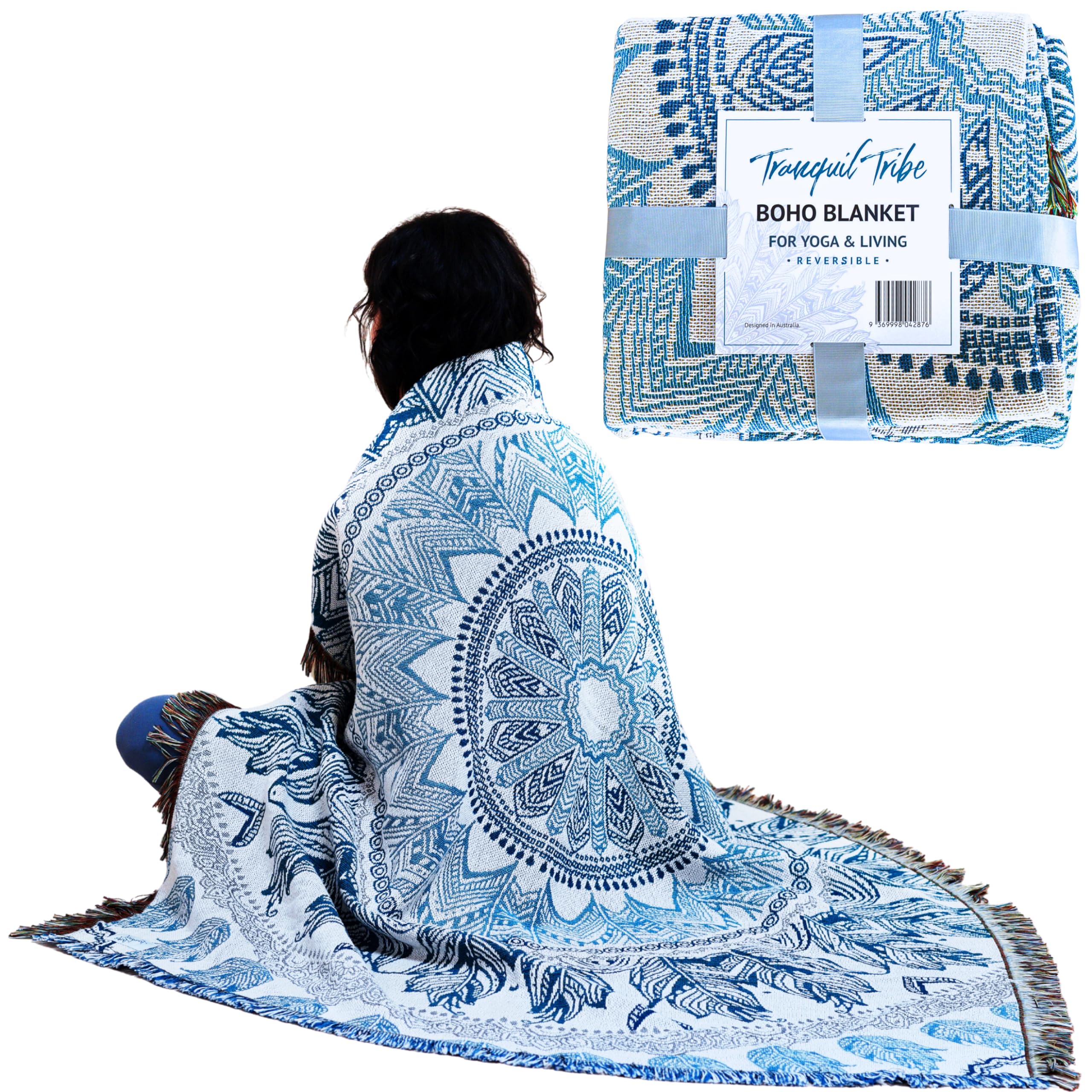 瞑想、ヨガ、リビング用ボーホーブランケット。リバーシブルブルー/グレー曼荼羅。 品質、織物、タペス..