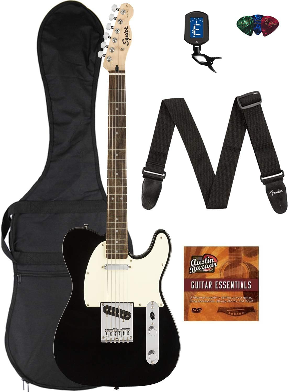 Fender Squier Bullet Telecaster Laurel ブラックバンドル ギグバッグ チューナー ストラップ ピック フェンダー プレイ オンラインレッスン オースティンバザー インストラクションDVD