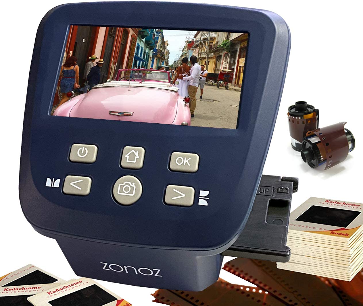 zonoz FS-Five Digital Film & Slide Scanner - Converts 35mm 126 110 Super 8 & 8mm Film Negatives & Slides to JPEG - Includes Large Bright 5-Inch LCD Easy-Load Film Inserts Adapters