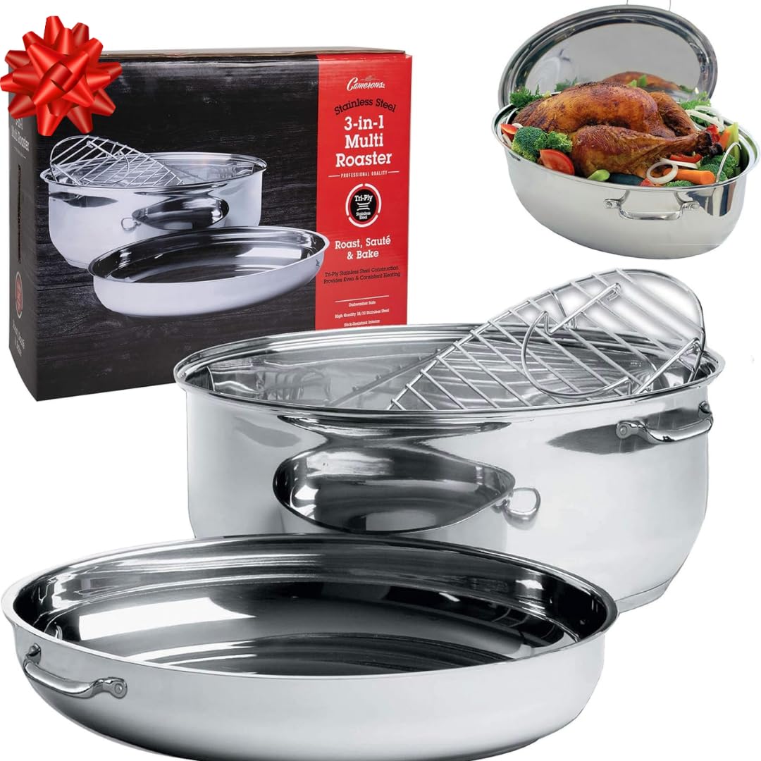 Stainless Steel Professional Grade Multi Roaster - Four Cookware Products in One including Extra Large Roaster by Camerons Products