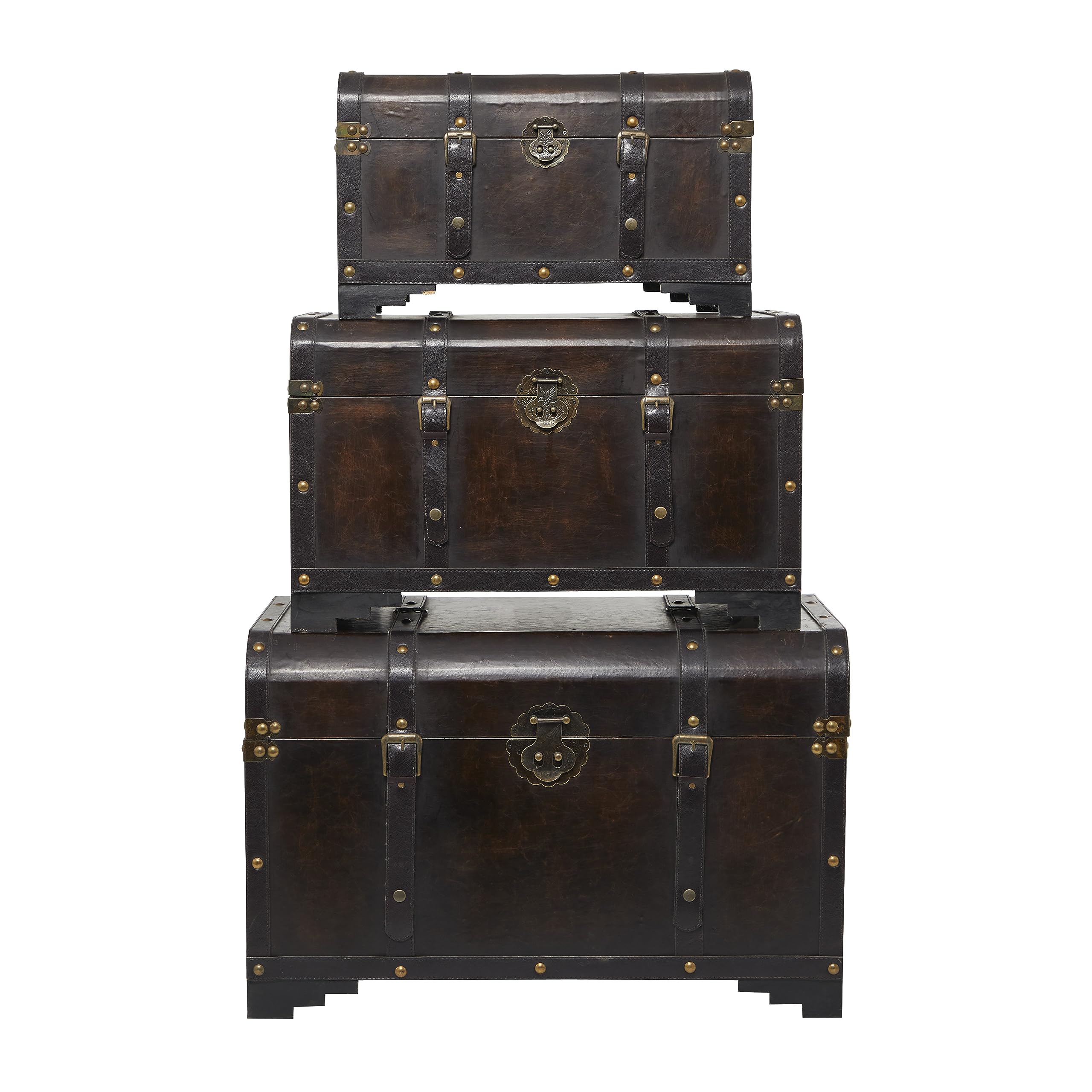 Deco 79 Wood Usable Leather Trunk Brown Set of 3 141［並行輸入］