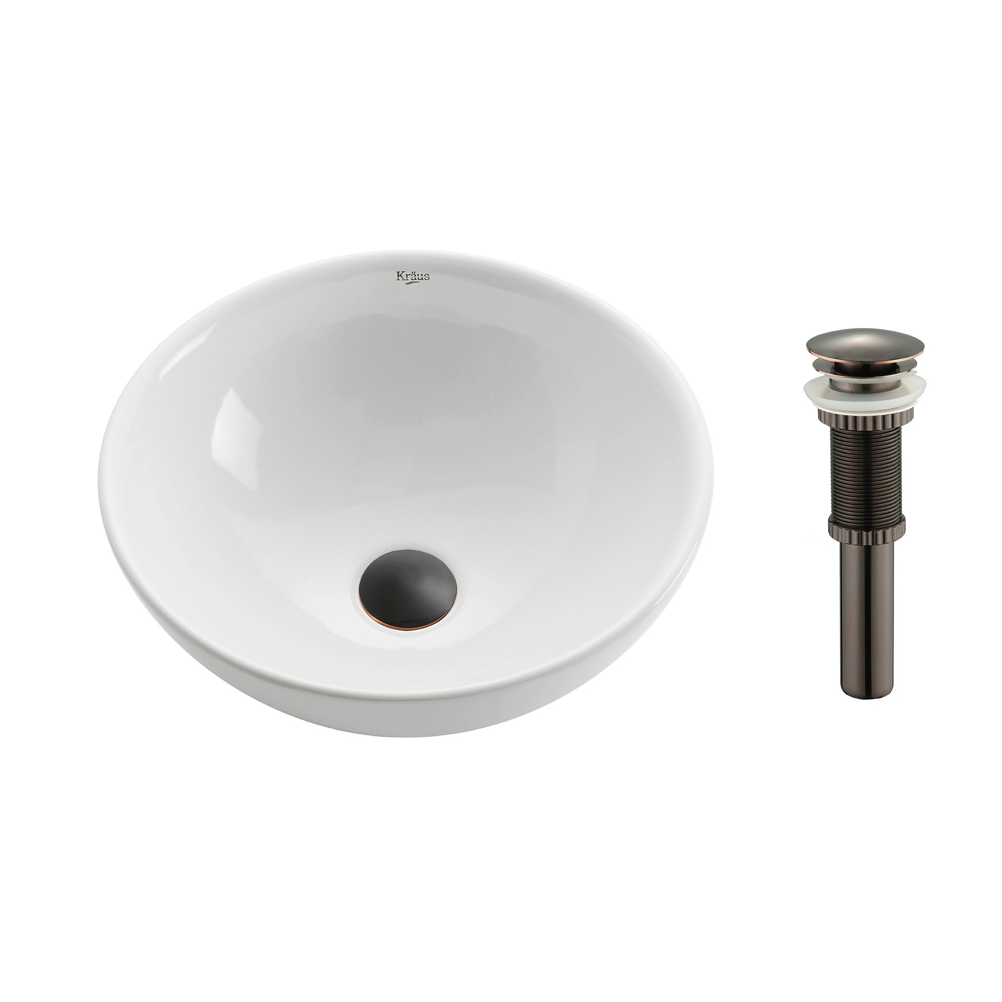 Kraus kcv-141-orbホワイトラウンドセラミックバスルームシンクwith Pop Up Drain Oil Rubbed Bronze