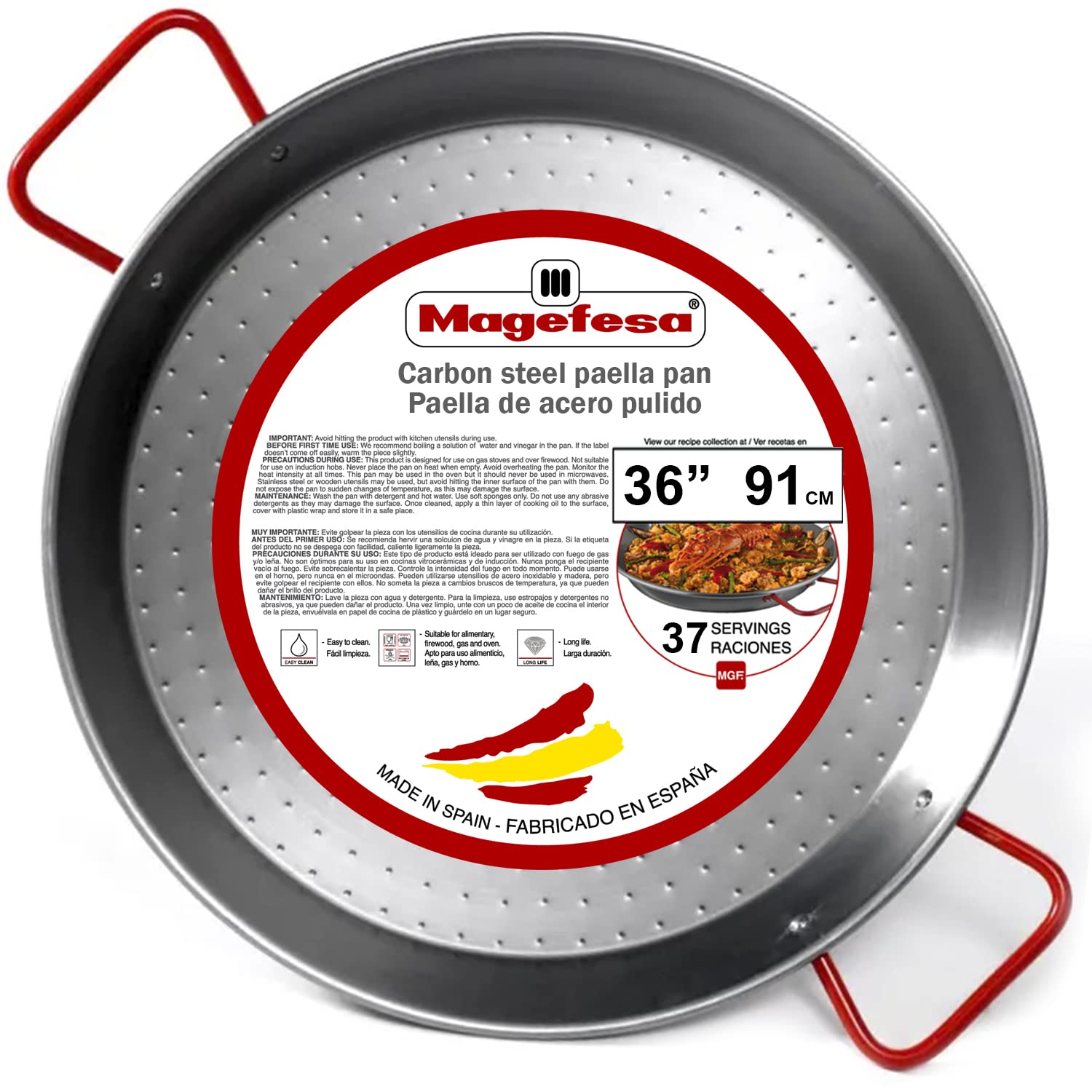 Magefesa 36インチ カーボンスチールパエリアパン ? 91cm - 37サービング、丈夫で軽量、くぼみのある表面、屋外料理や伝統的なバレンシアのパエリアに最適