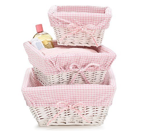 RICOH - Set of 3 Baby Girl Nursery Storage Baskets - White Willow with Pink Cotton Gingham Fabric by Burton & Burton [並行輸入品]