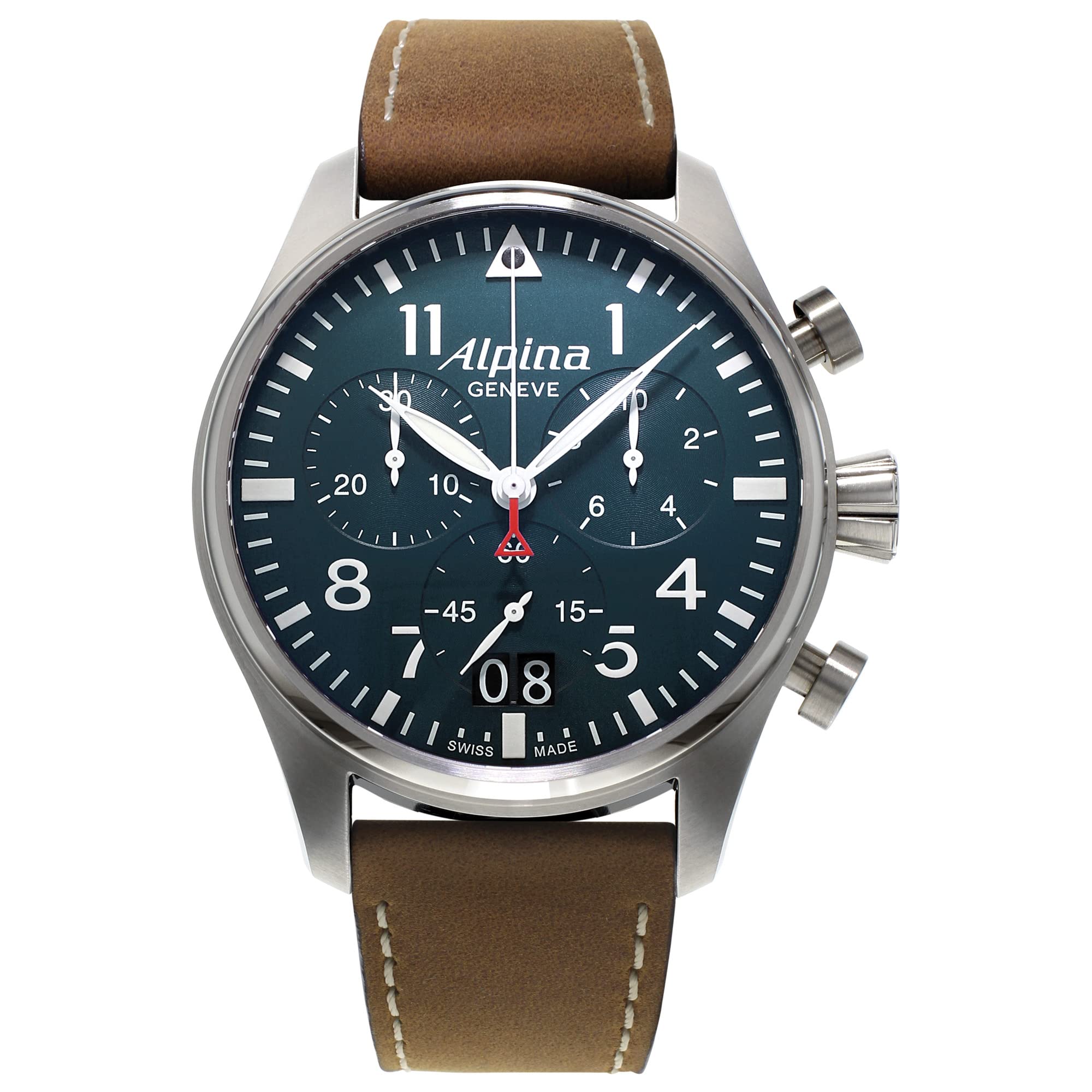 Alpina メンズ スタータイマー パイロット クロノグラフ ビッグデイトウォッチ スイスクォーツムーブメント サファイアクリスタル 44mm ブルーダイヤル/ブラウンストラップ スタータイマー