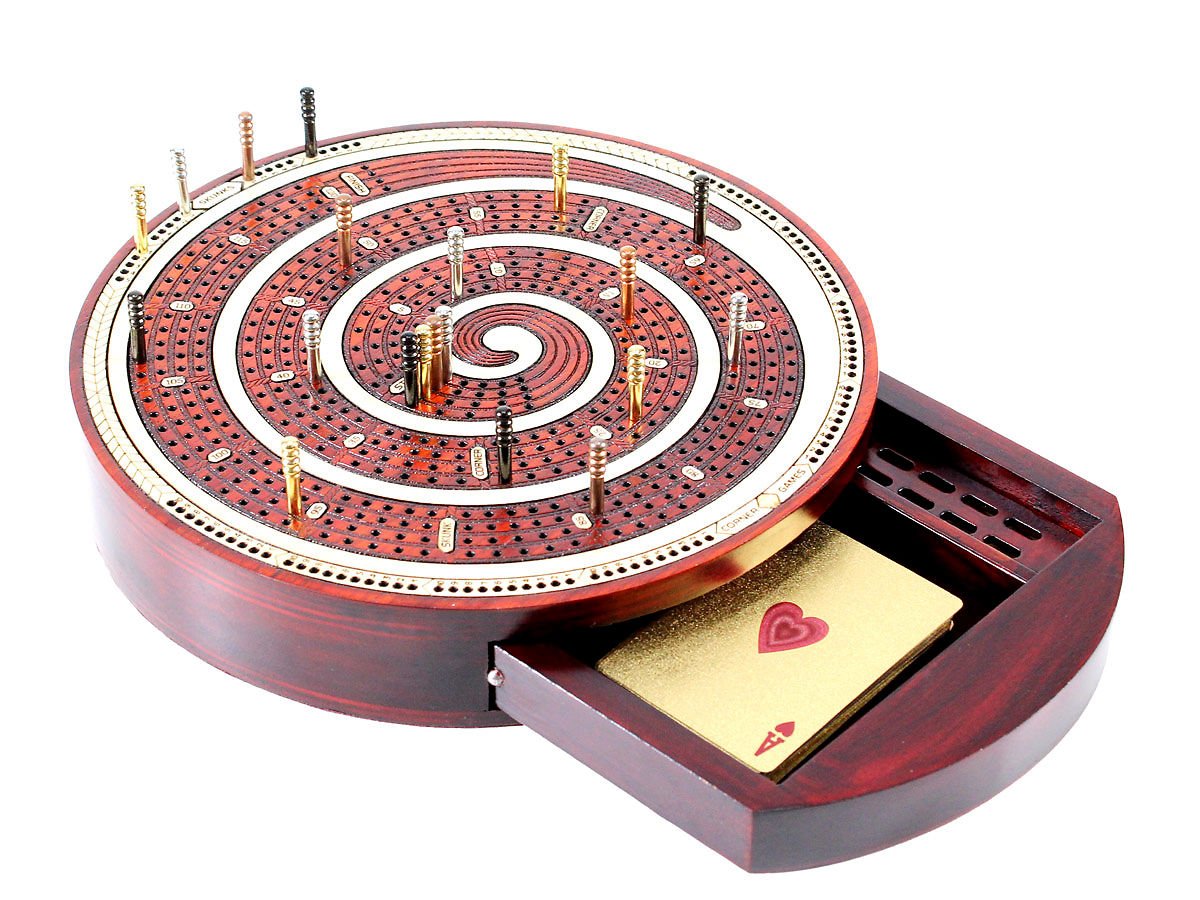 Cribbage Board Spiral Design Round Shape 4 Tracks Maple/Bloodwood with place for Skunks Corners & Won Games