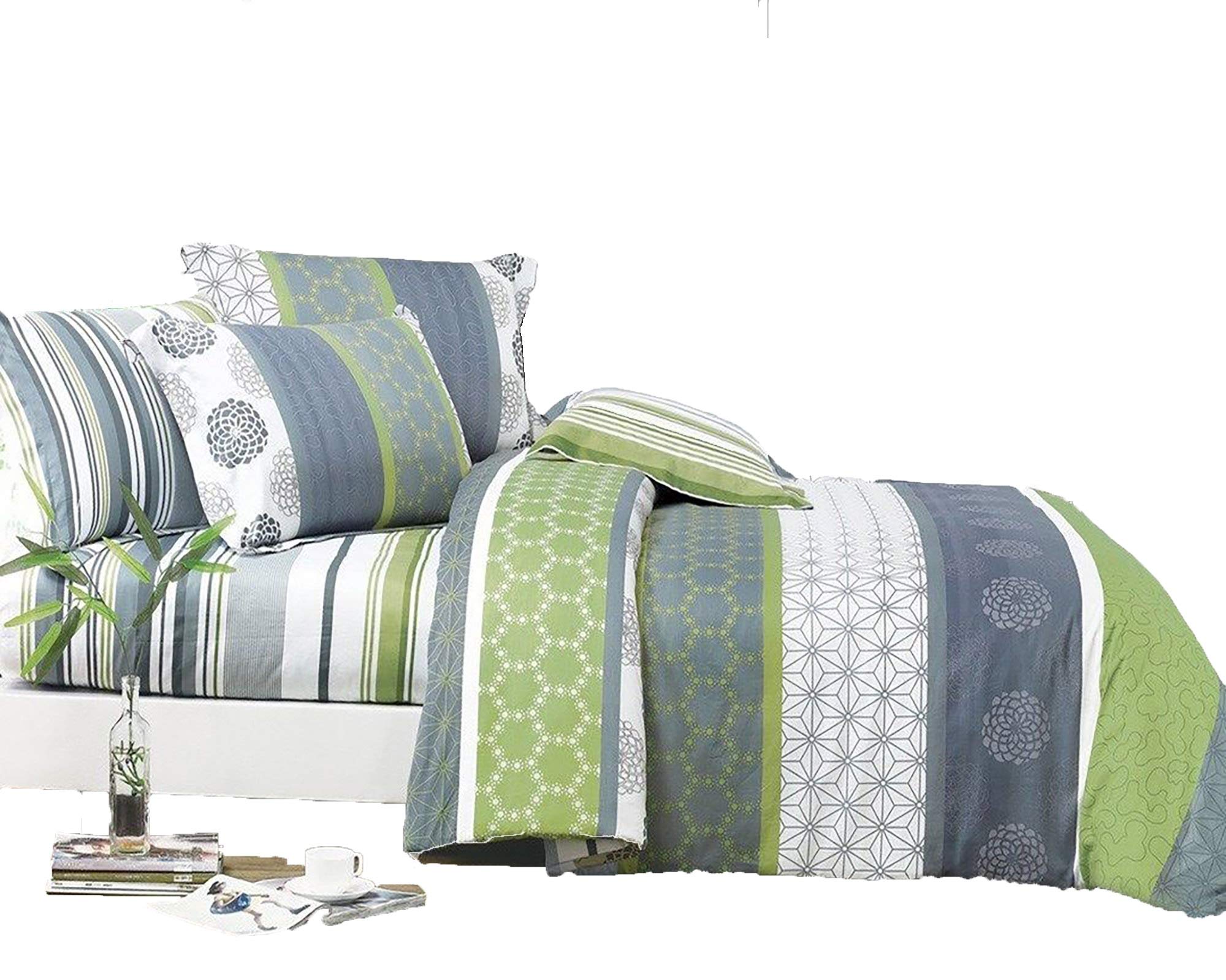 (California King White Grey Lettuce Green) - Swanson Beddings Serene 3-Piece 100% Cotton Bedding Set: Duvet Cover and Two Pillow Shams (Oversized King)