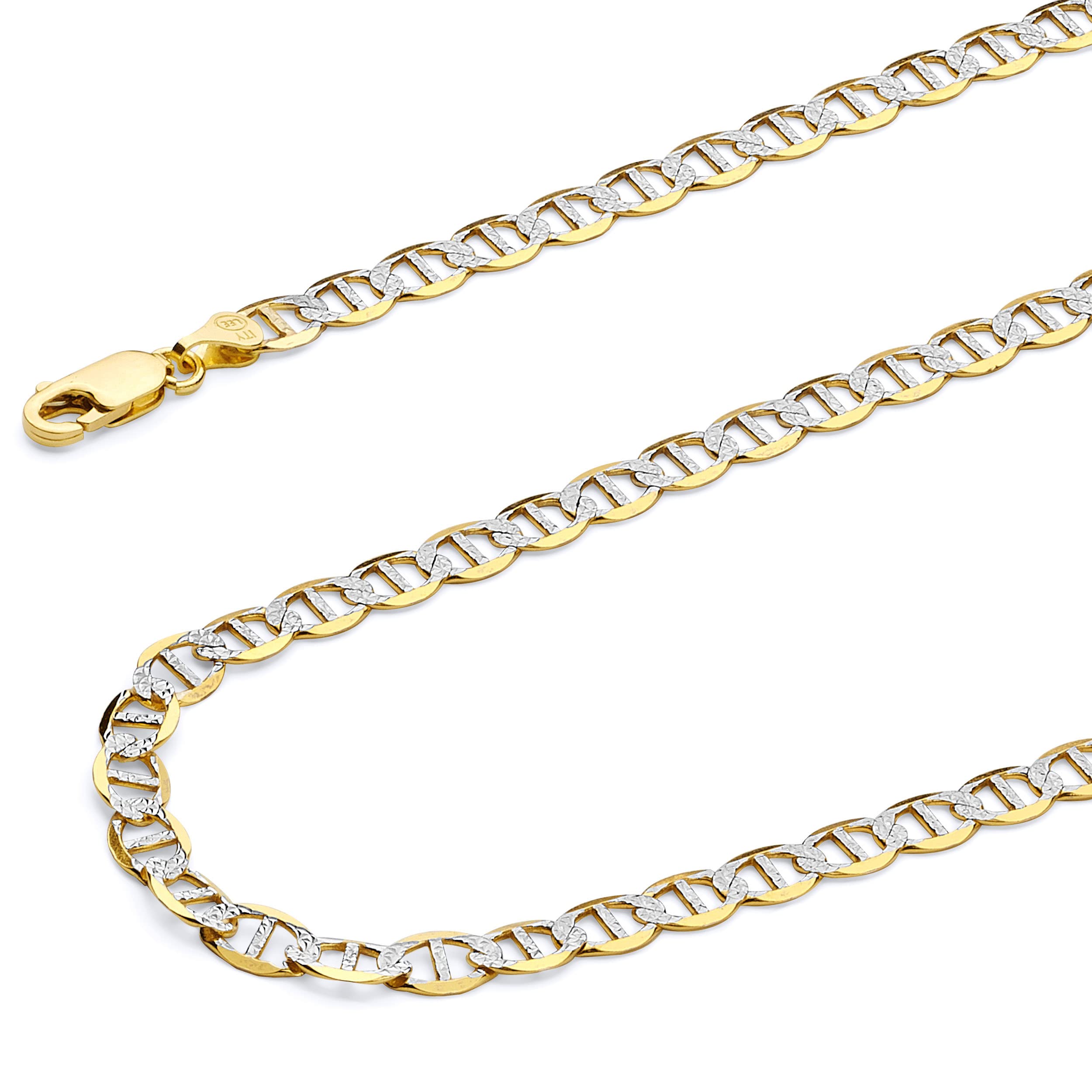 Wellingsale 14 Kイエローゴールドソリッド4 mm Polished Flat Marinerホワイトパヴェダイヤモンドカットチェーンネックレス