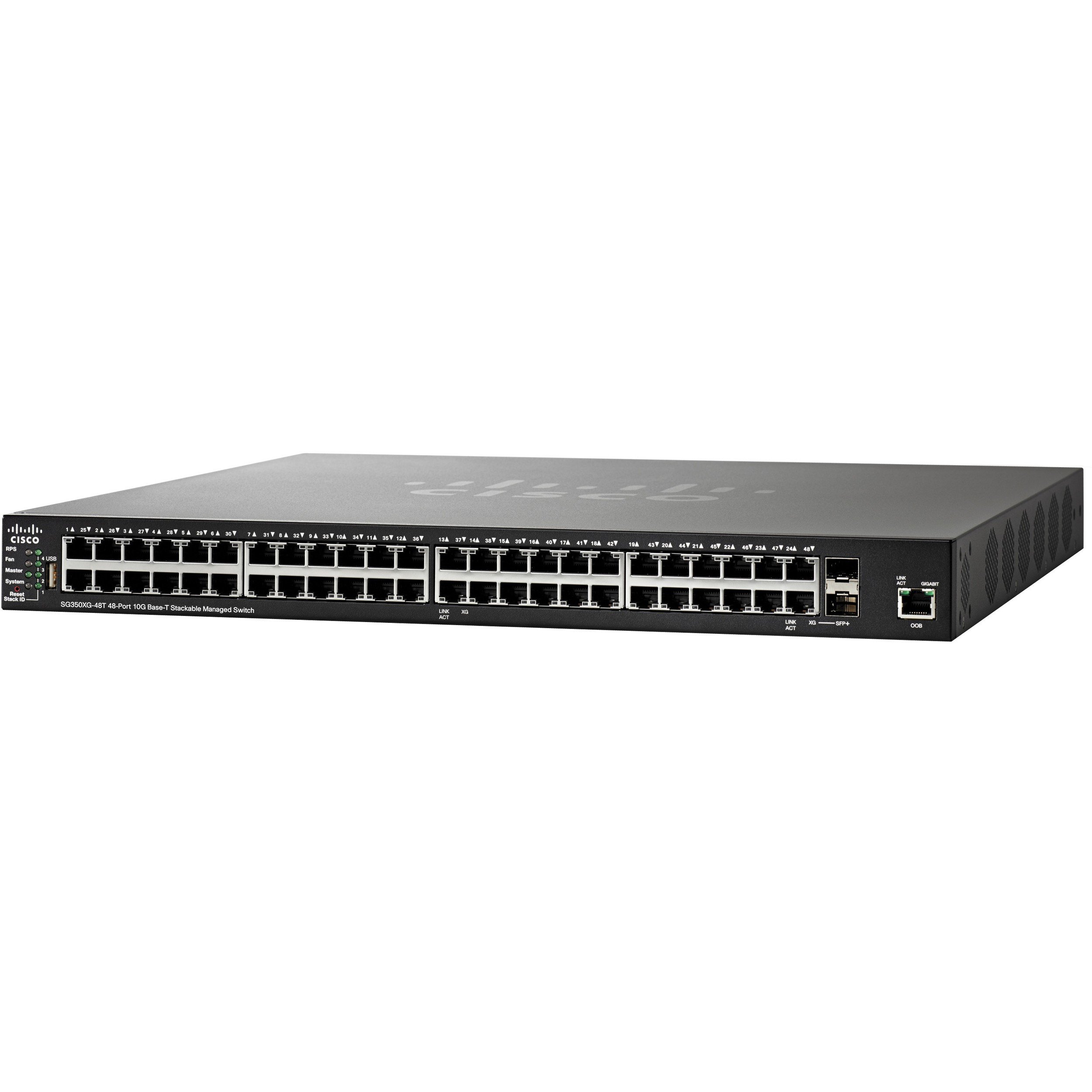 Cisco SG350XG-48T 48-Port 10GBase-T Stackable Managed Switch - 48 Ports - Manageable - Stack Port - 10GBase-T - Modular - 48 x Network - Twisted Pair - 10 Gigabit Ethernet - 3 Layer Supported - Power Supply - 1U High - Rack-mountable Desktop