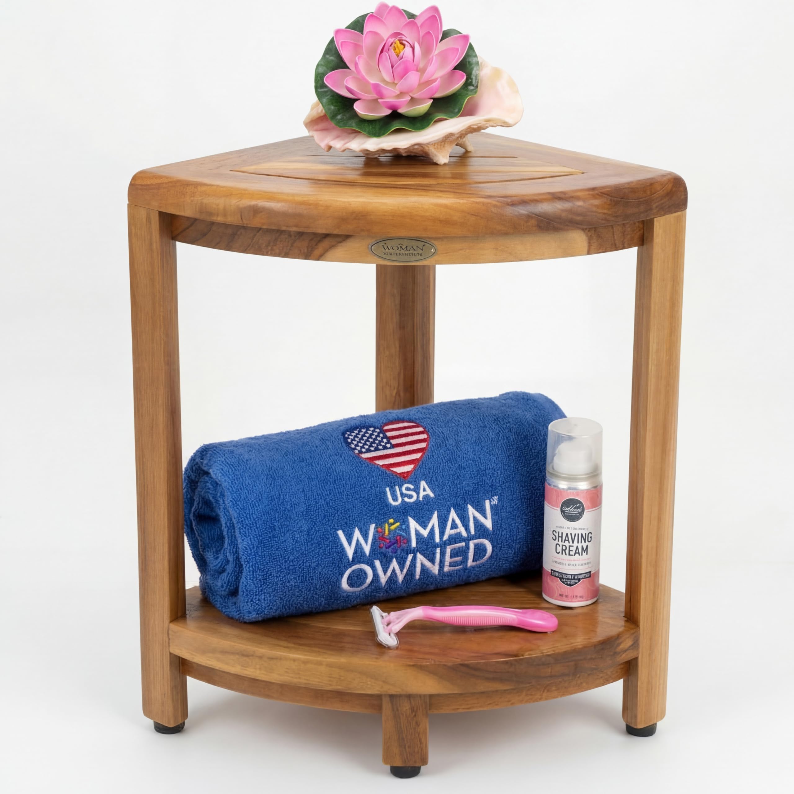 EcoDecors チーク材シャワーコーナーシェルフ シェービングフットレスト 収納棚付き 高さ18インチ ナチ..