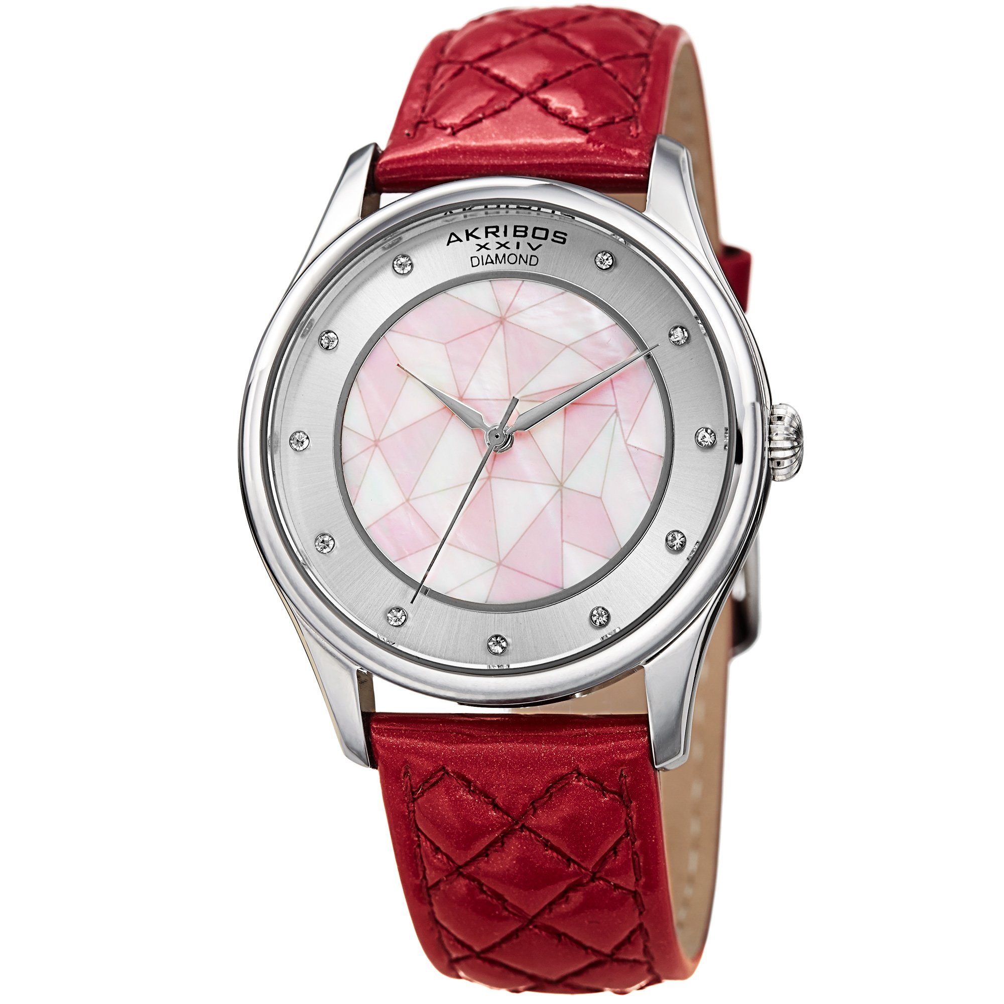 Akribos XXIV Women 's QuartzシルバートーンCase With Genuine Diamond時間マーカーとマザーオブパールのモザイクダイヤルon Fuchsia Quilted Genuineレザーストラップウォッチak925pk