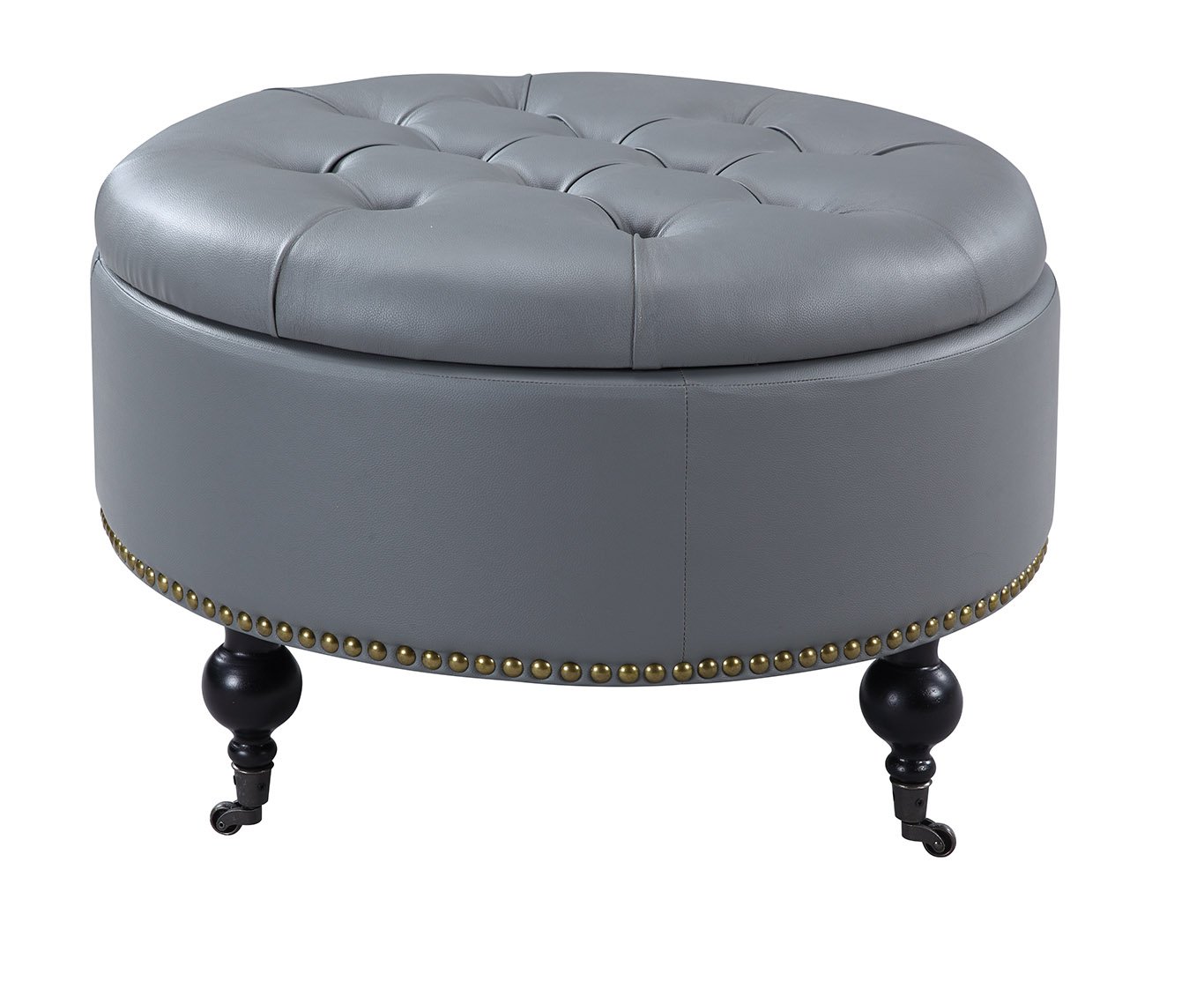 Iconic Home Mona Modern Tufted Gold Nail Head Trim Grey Faux Leather Round Storage Ottoman 141［並行輸入］