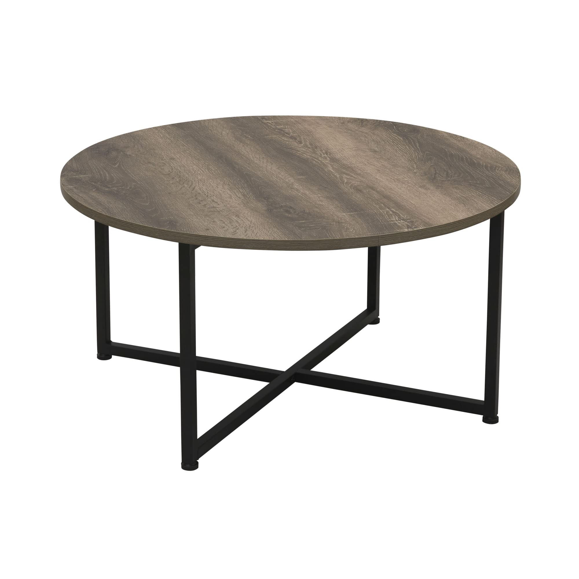 Household Essentials 8079-1 Ashwood Round Coffee Table | Distressed Gray-Brown | Black Metal Frame