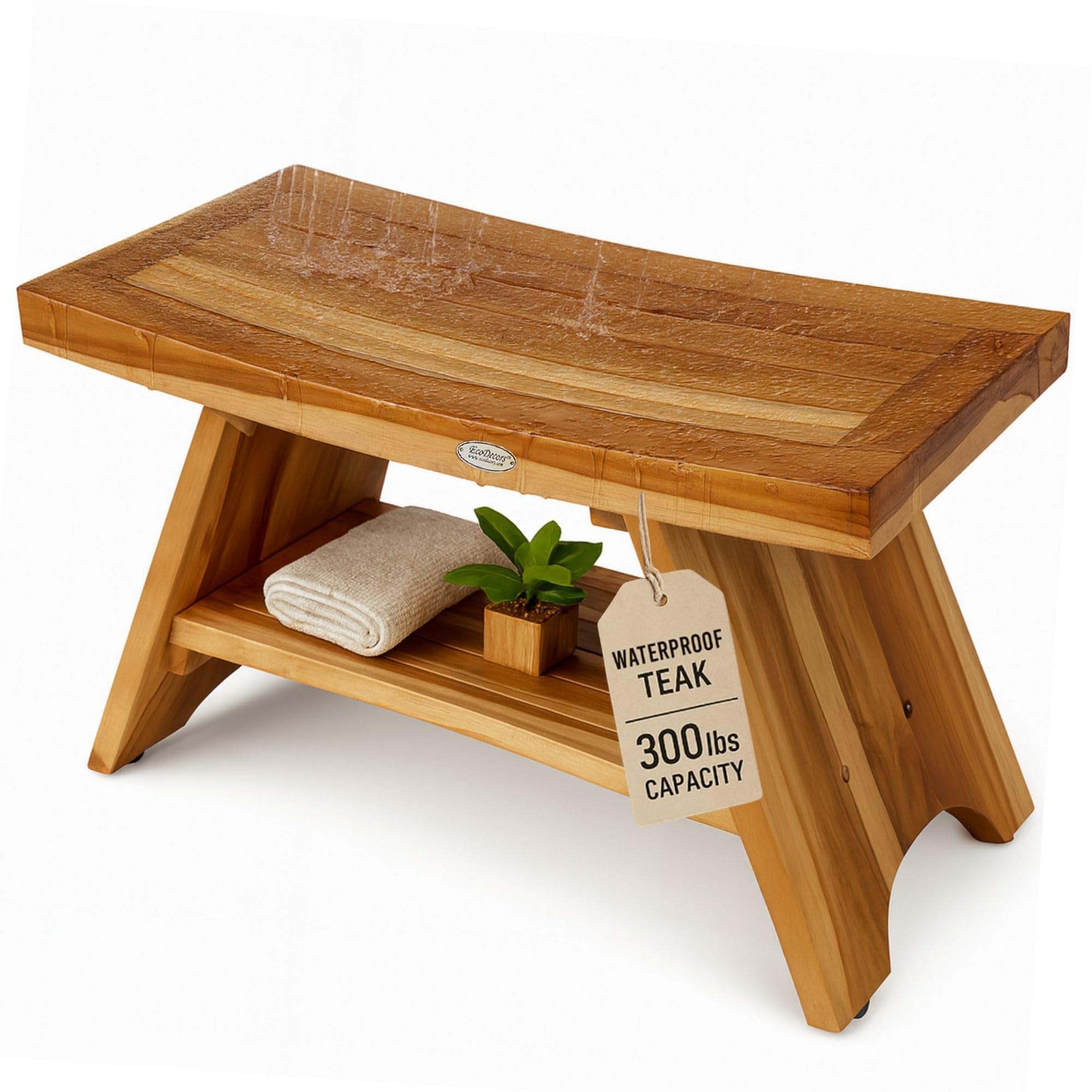 EcoDecors Earthy Teak? Serenity チークベンチ 棚付き イースタンスタイル 9インチ - バスルーム バス..