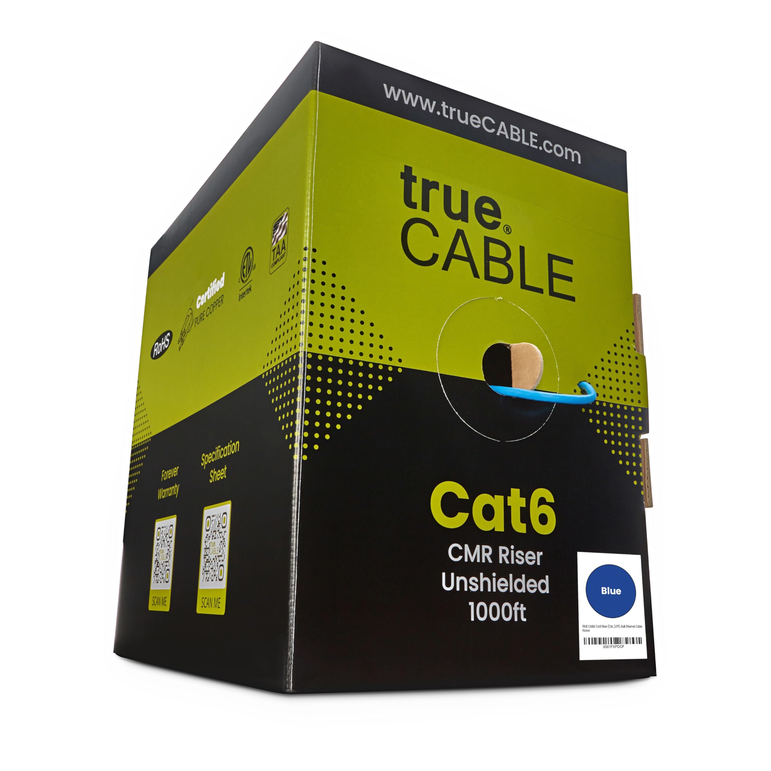 Cat6 Riser (CMR) 1000ft Blue 23AWG 4 Pair Solid Bare Copper 550MHz ETL Listed Unshielded Twisted Pair (UTP) Bulk Ethernet Cable trueCABLE