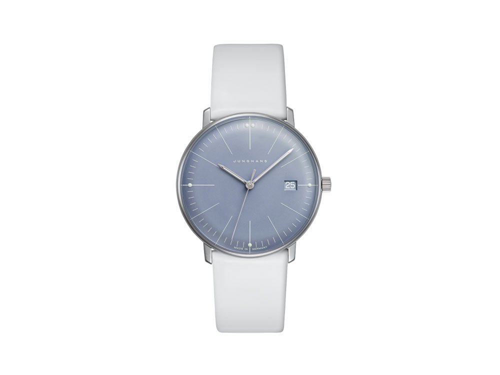 Junghans Max Bill レディース クォーツ アイスブルー ダイヤル 日付 047/4659 ホワイトレザーストラップ