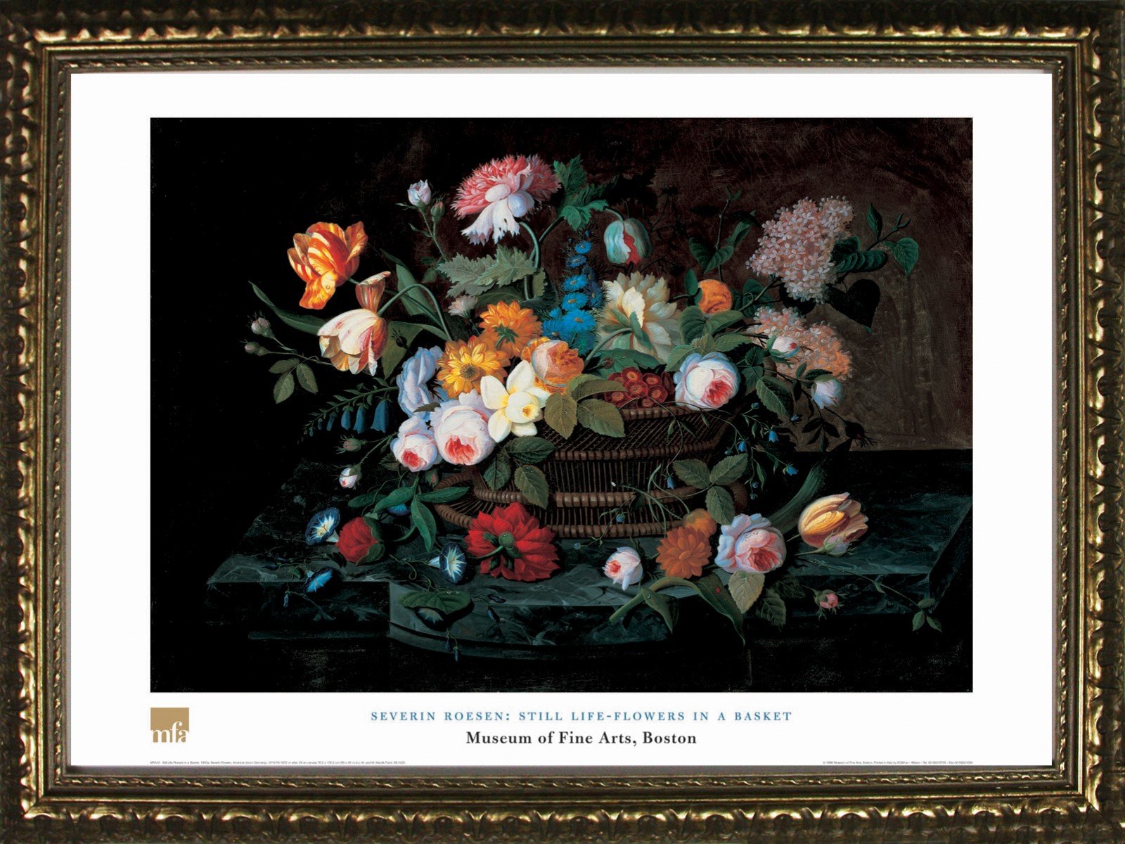 Framed Still Life ? Flowers in a basket by Severin Roesen 24 x 32アートプリントポスター花から有..