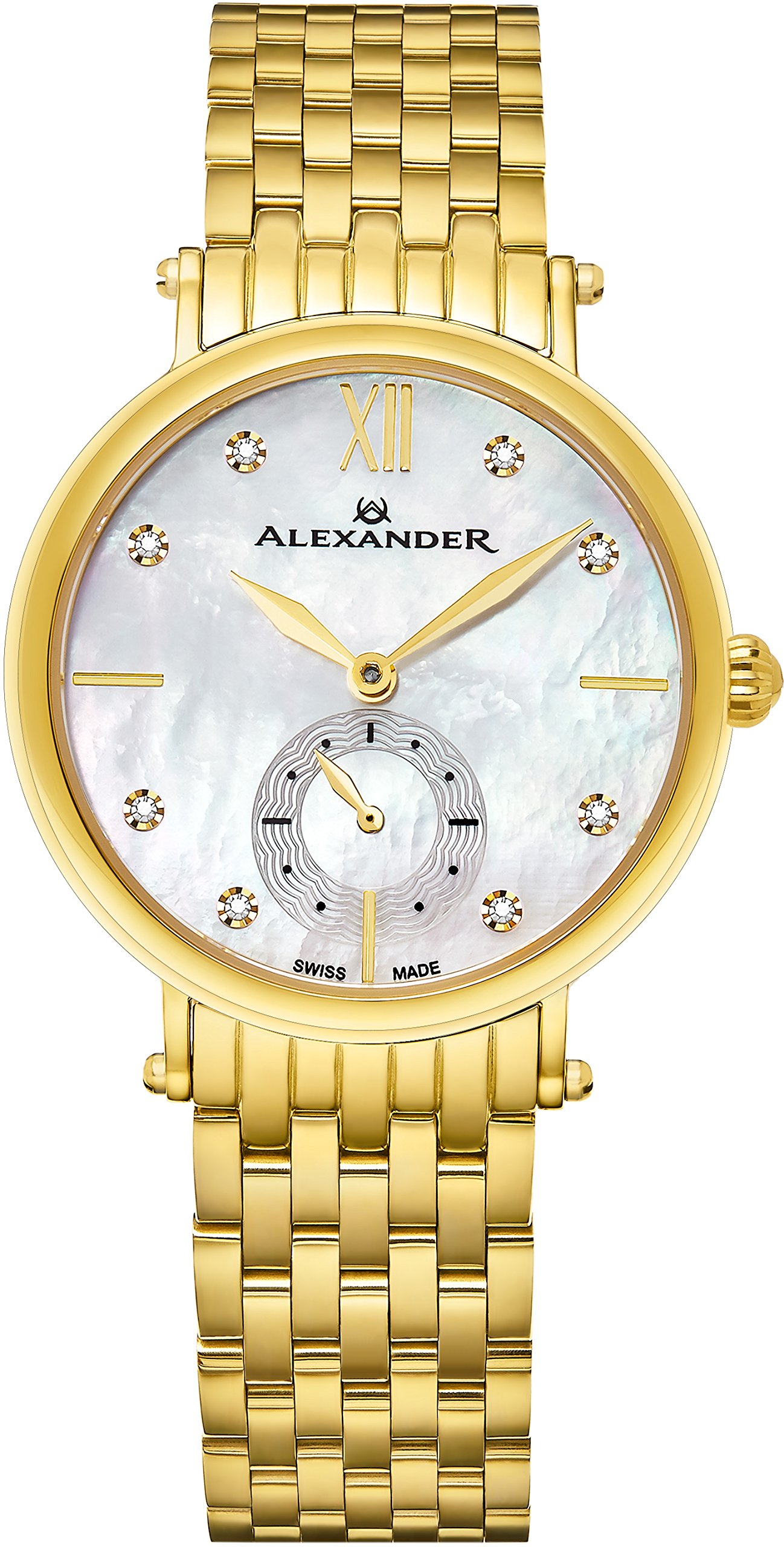 Alexander Monarch Roxanaホワイト母のパールダイヤモンドLarge FaceステンレススチールメッキイエローゴールドWatch for Women ? スイスクォーツエレガントレディースファッションDesignerドレス腕時計ad201b-02